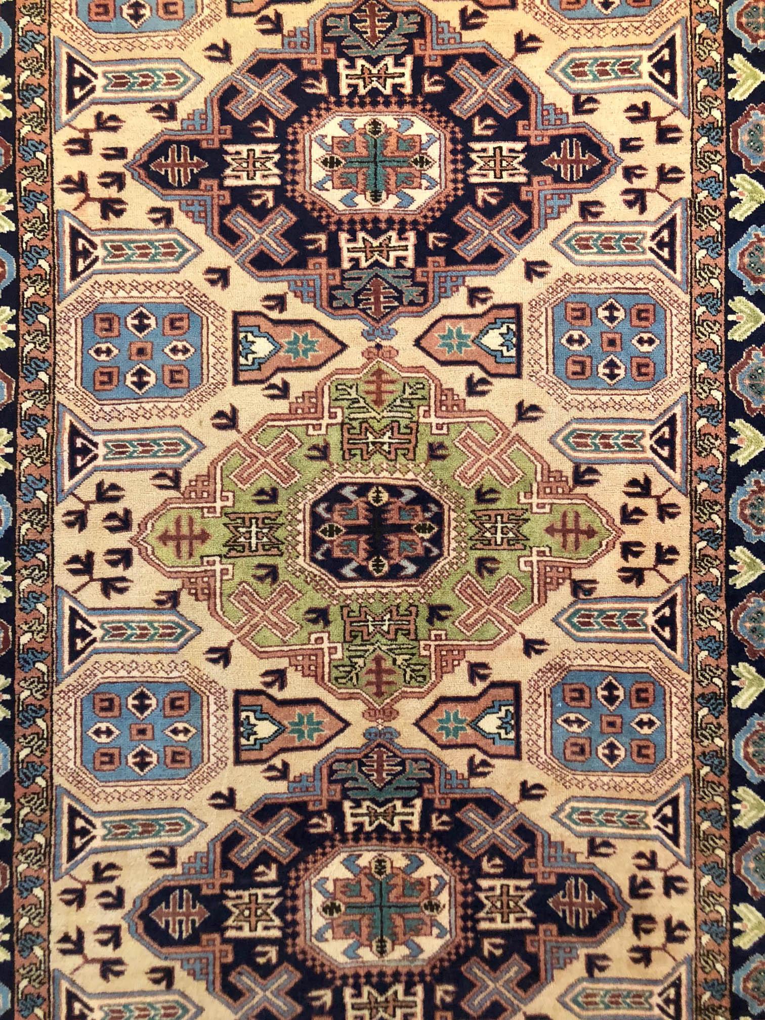 Tribal Persian Hand Knotted Blue Cream Geometric Ardabil Rug, circa 1960