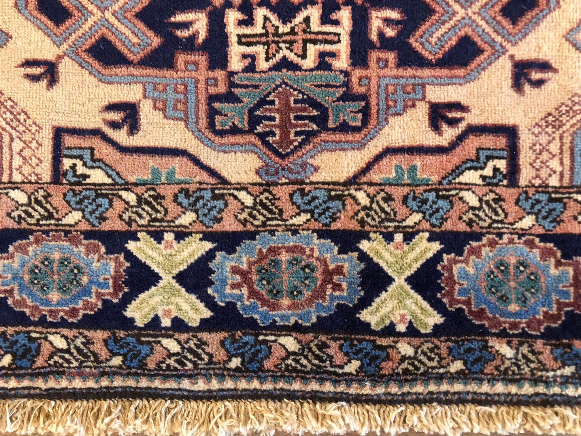 Persian Hand Knotted Blue Cream Geometric Ardabil Rug, circa 1960 In Good Condition In San Diego, CA