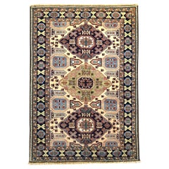 Persian Hand Knotted Blue Cream Geometric Ardabil Rug, circa 1960