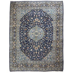 Persian Hand-Knotted Blue Cream Medallion Floral Kashan Rug