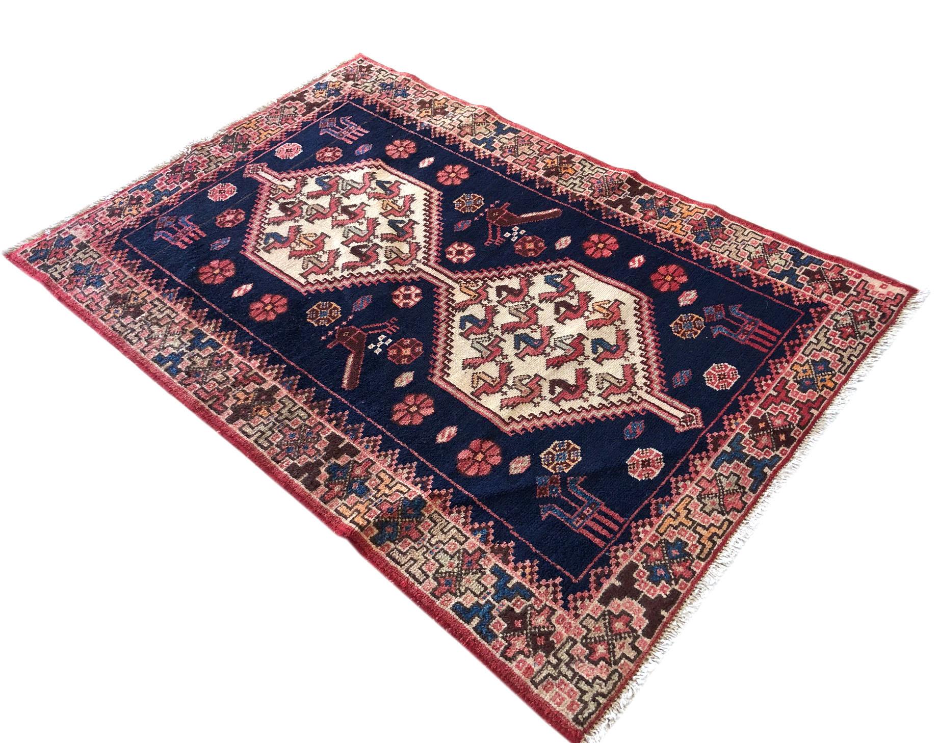 Persian Hand Knotted Blue Tribal Ardabil Rug, circa 1960 1