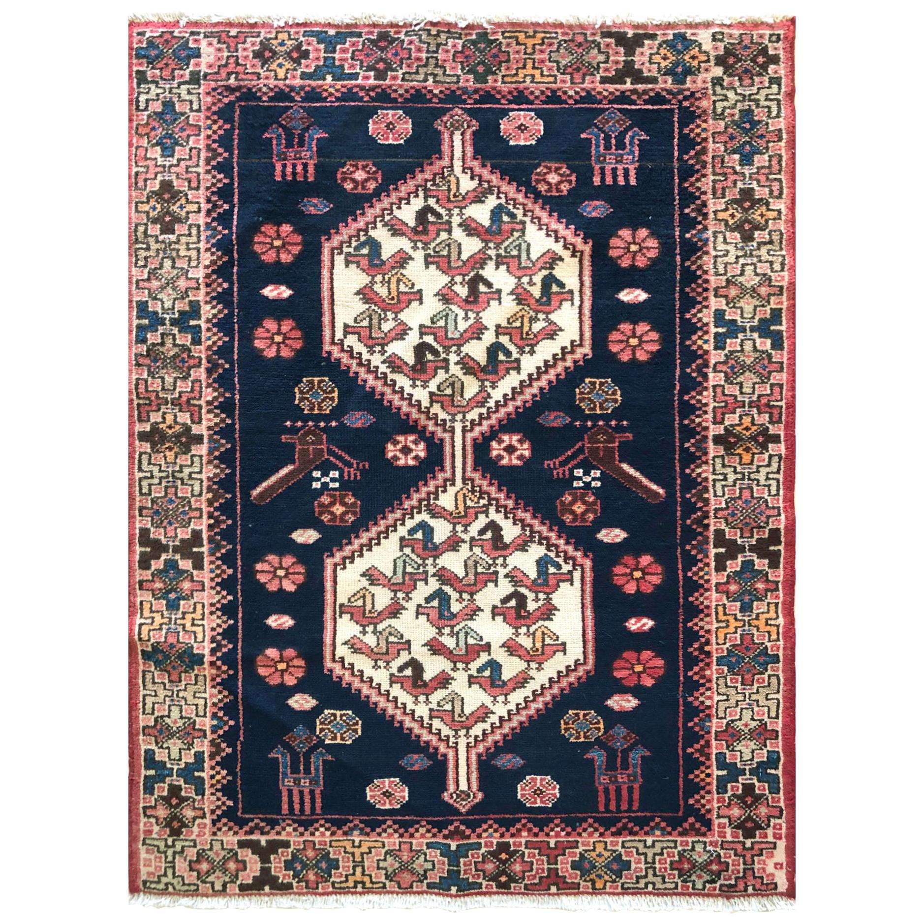 Persian Hand Knotted Blue Tribal Ardabil Rug, circa 1960