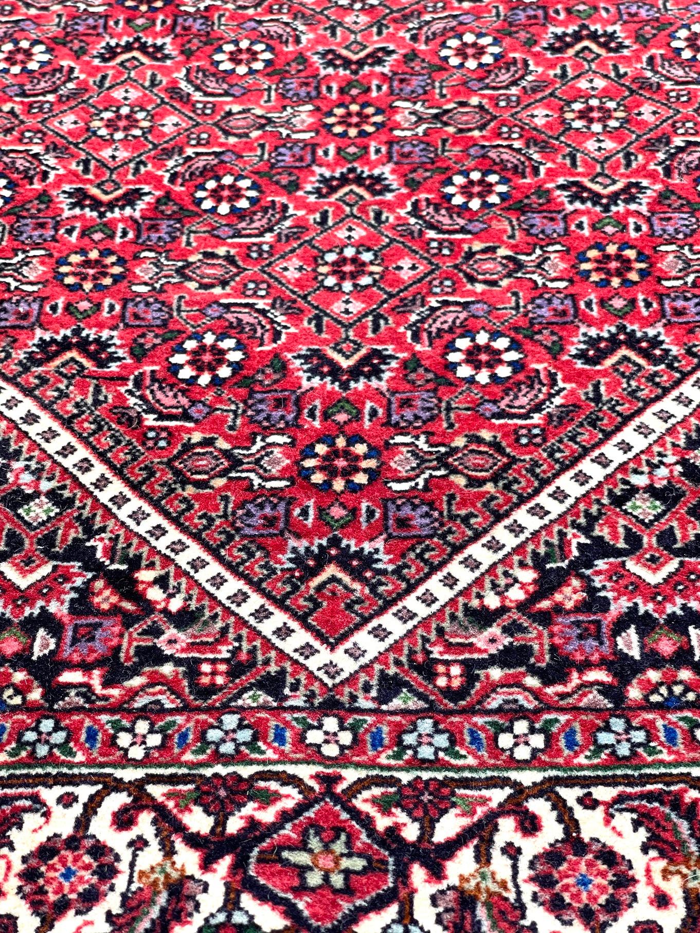 Persian Hand Knotted Diamond Medallion Design Floral Bijar Tukan Red Runner Rug For Sale 5