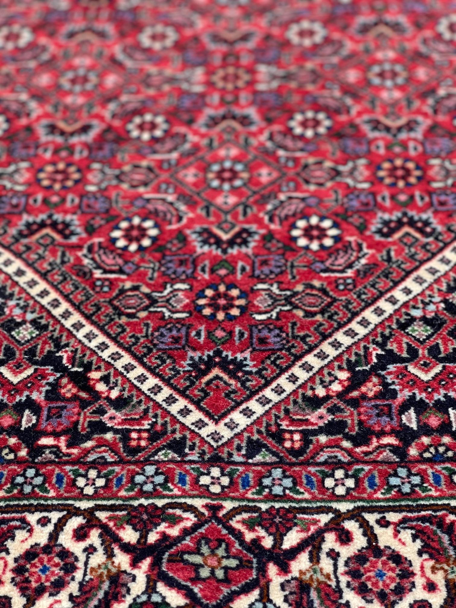 Persian Hand Knotted Diamond Medallion Design Floral Bijar Tukan Red Runner Rug For Sale 7