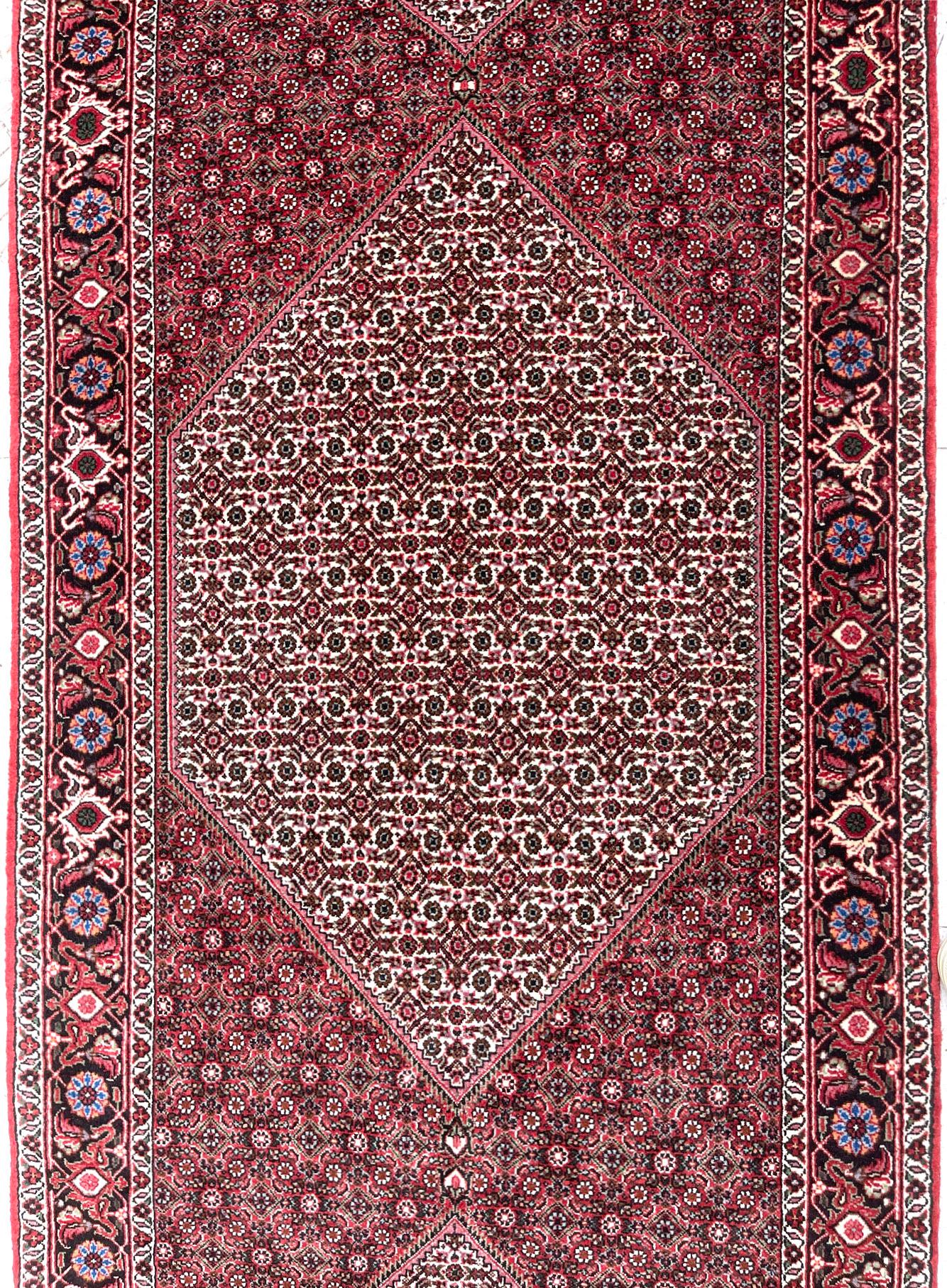 Persian Hand Knotted Diamond Medallion Design Floral Bijar Tukan Red Runner Rug In New Condition For Sale In San Diego, CA