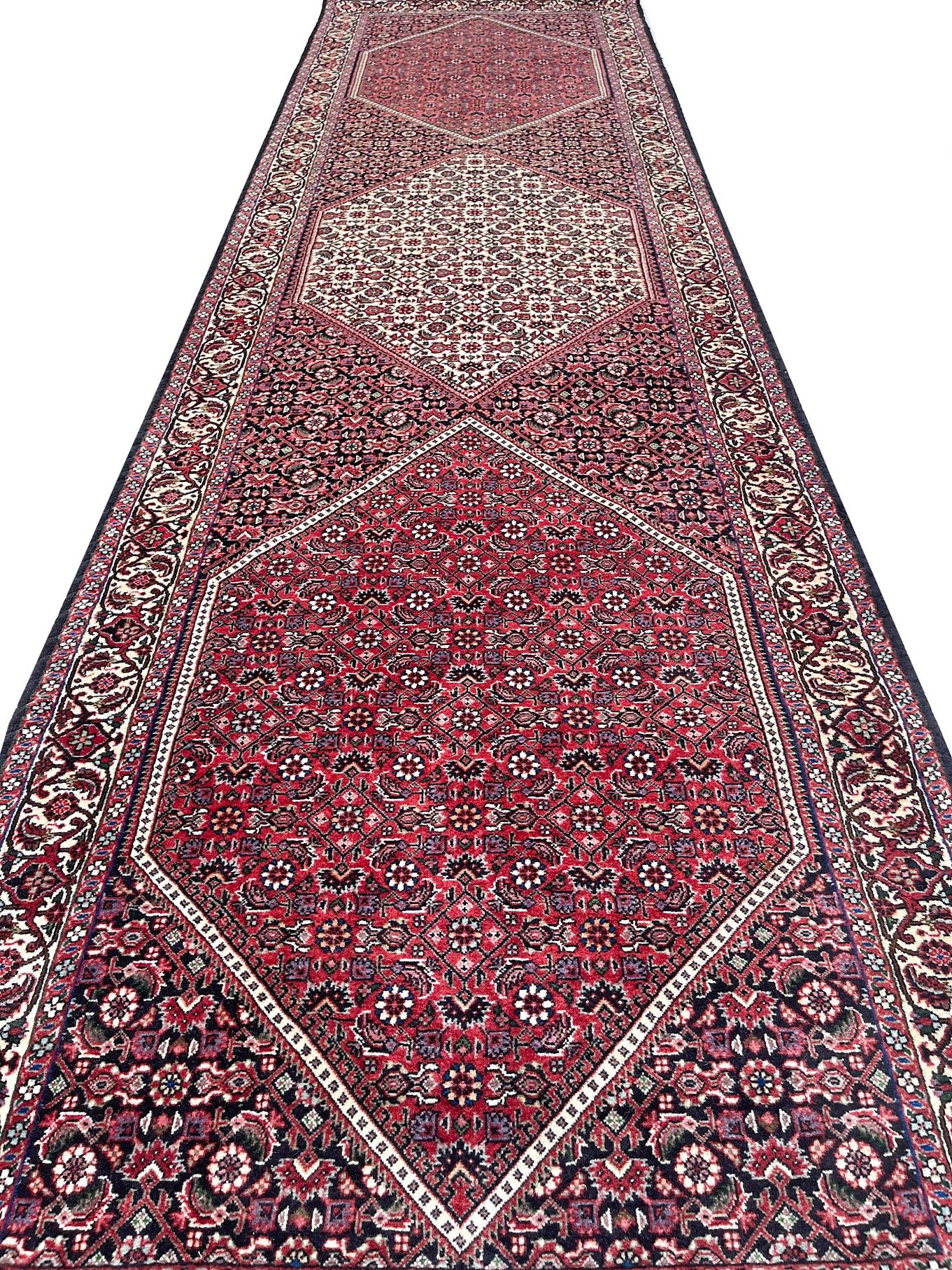 Hand-Knotted Persian Hand Knotted Diamond Medallion Design Floral Bijar Tukan Red Runner Rug For Sale