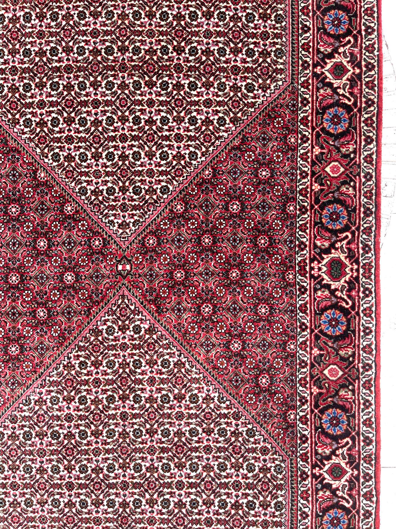 Contemporary Persian Hand Knotted Diamond Medallion Design Floral Bijar Tukan Red Runner Rug For Sale