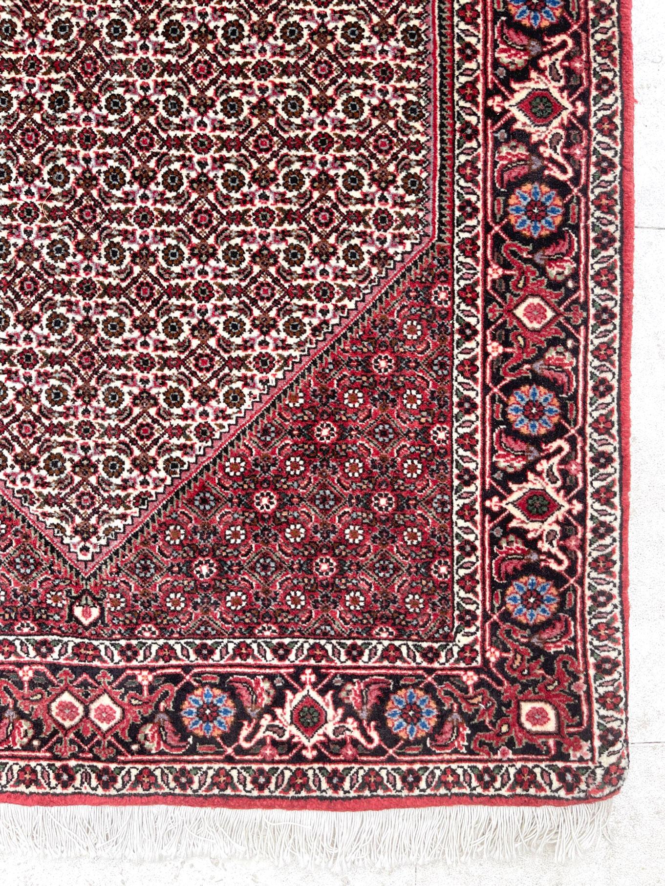Wool Persian Hand Knotted Diamond Medallion Design Floral Bijar Tukan Red Runner Rug For Sale