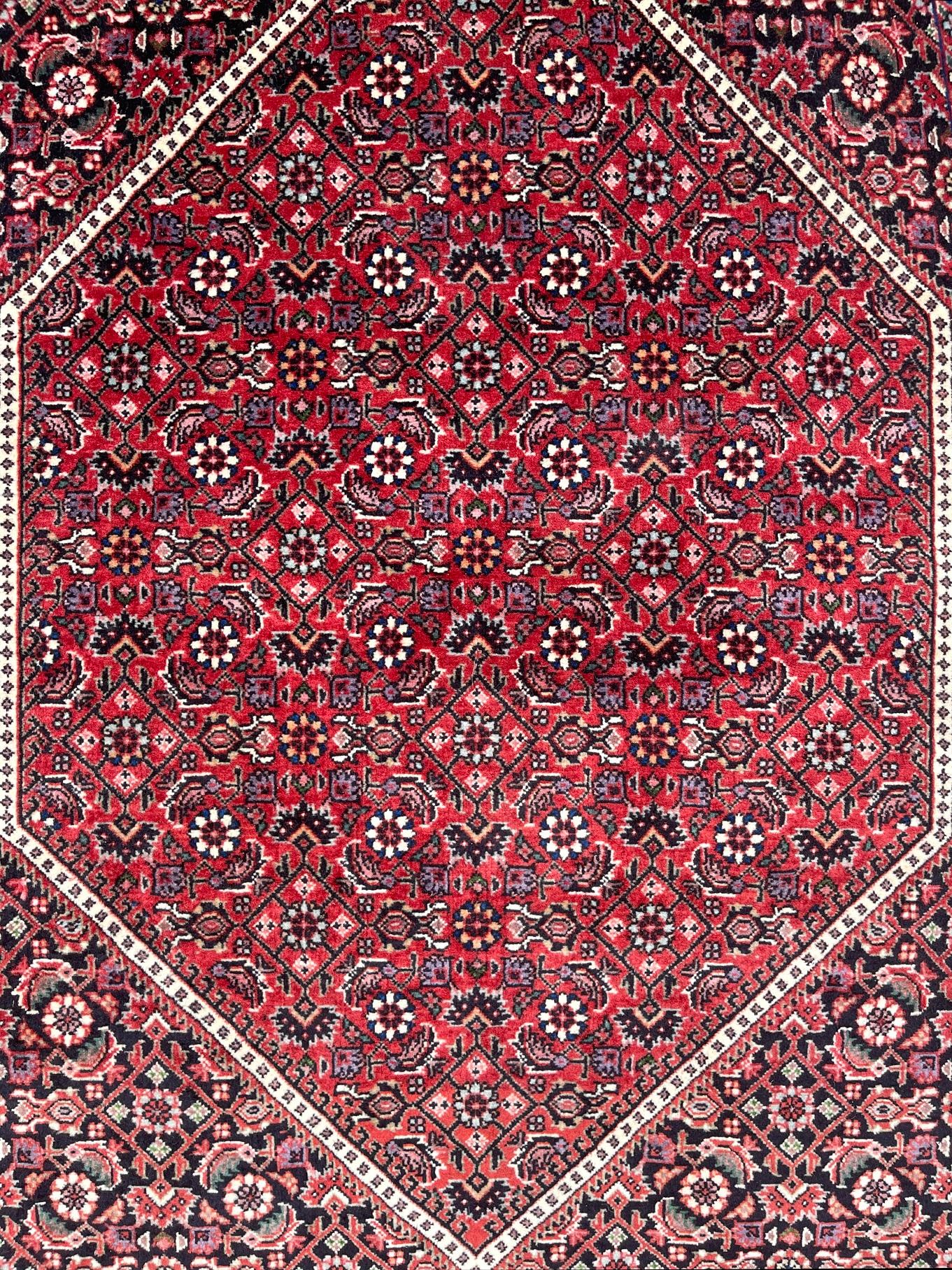 Contemporary Persian Hand Knotted Diamond Medallion Design Floral Bijar Tukan Red Runner Rug For Sale