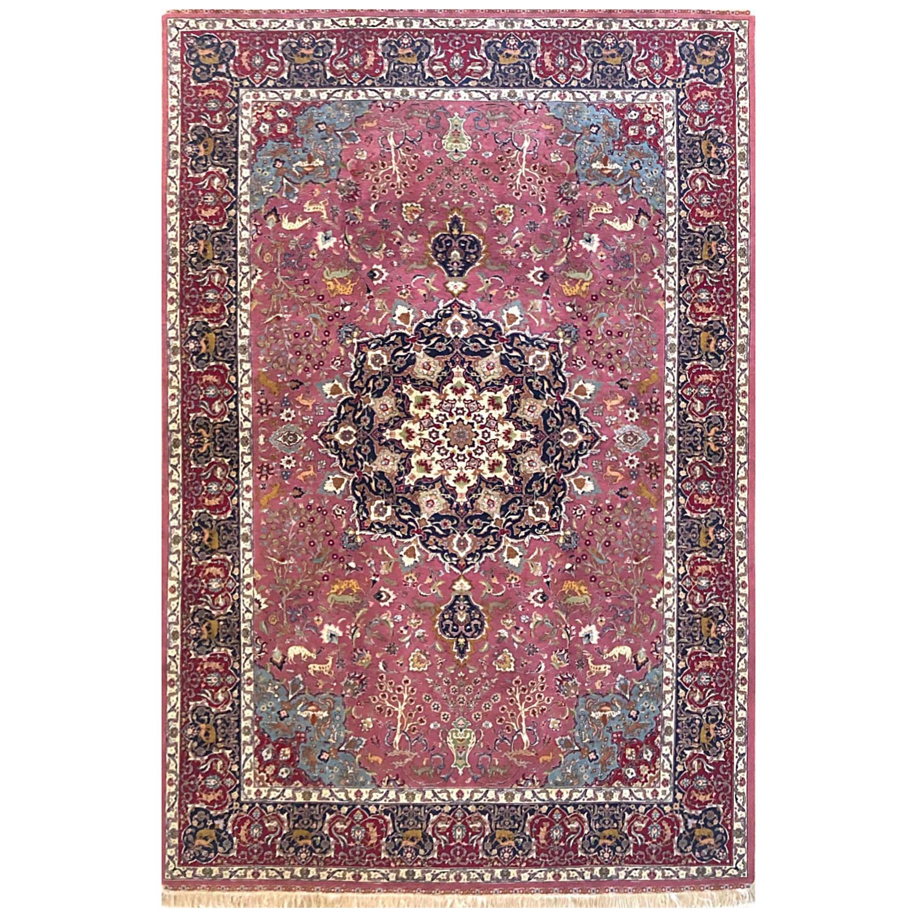 Persian Hand Knotted Floral Medallion Animal Motif Tabriz Rug 60 Raj For Sale