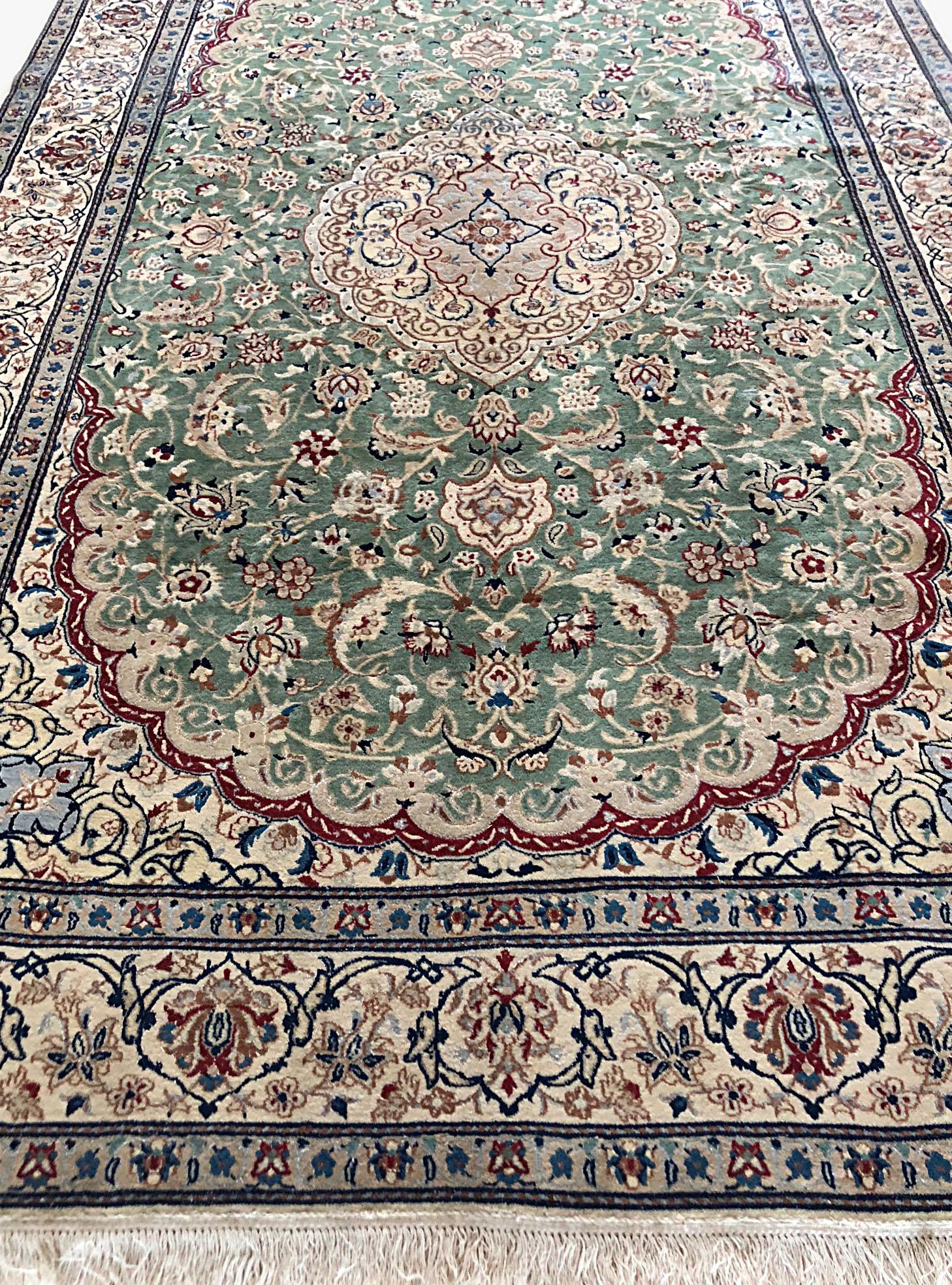 Persian Hand-Knotted Green Medallion Floral Nain Rug In Excellent Condition In San Diego, CA