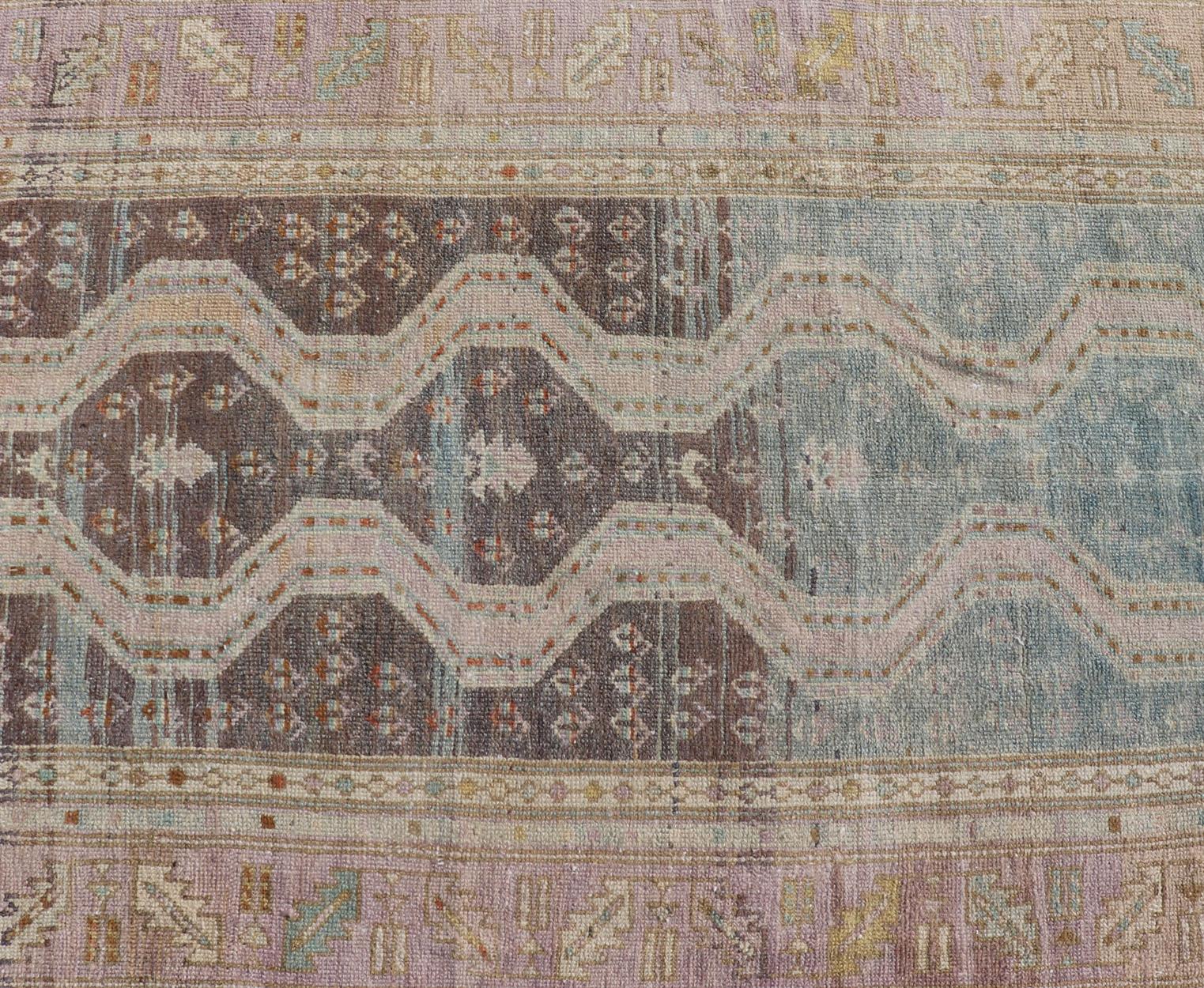 Persian hand knotted Hamadan wool Runner with Geometric Design Unique Design. Intricately designed antique Hamadan Runner in light tones. Keivan Woven Arts / rug EMB-9596-P13513, country of origin / type: Iran / Hamadan, circa 1920.

Measures:3'3