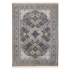 Persian Hand Knotted Medallion Diamond Print Blue Cream Nain Rug, circa 2000