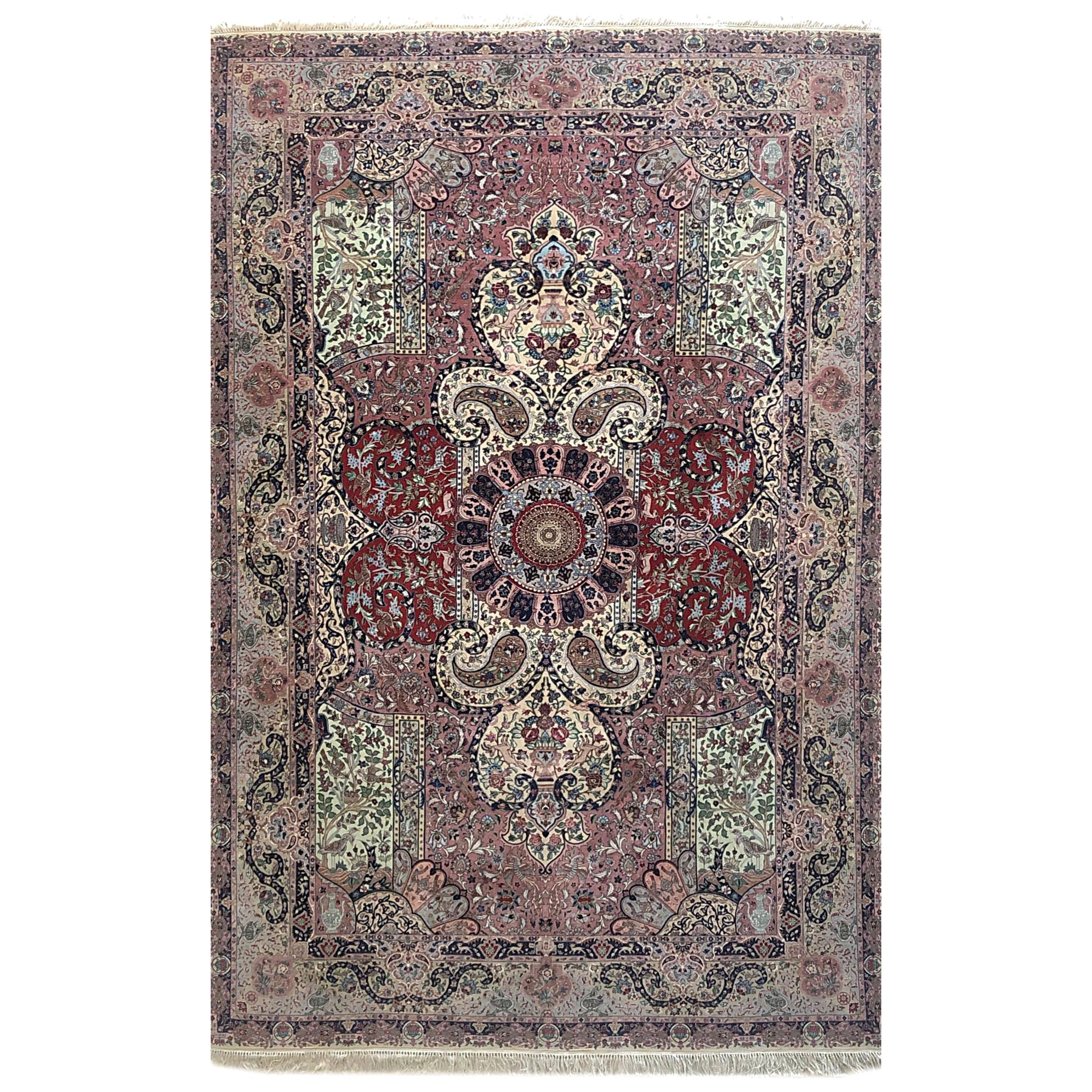  Persischer handgeknüpfter Medaillon-Teppich aus Täbris mit Blumenmuster und Tiermotiv