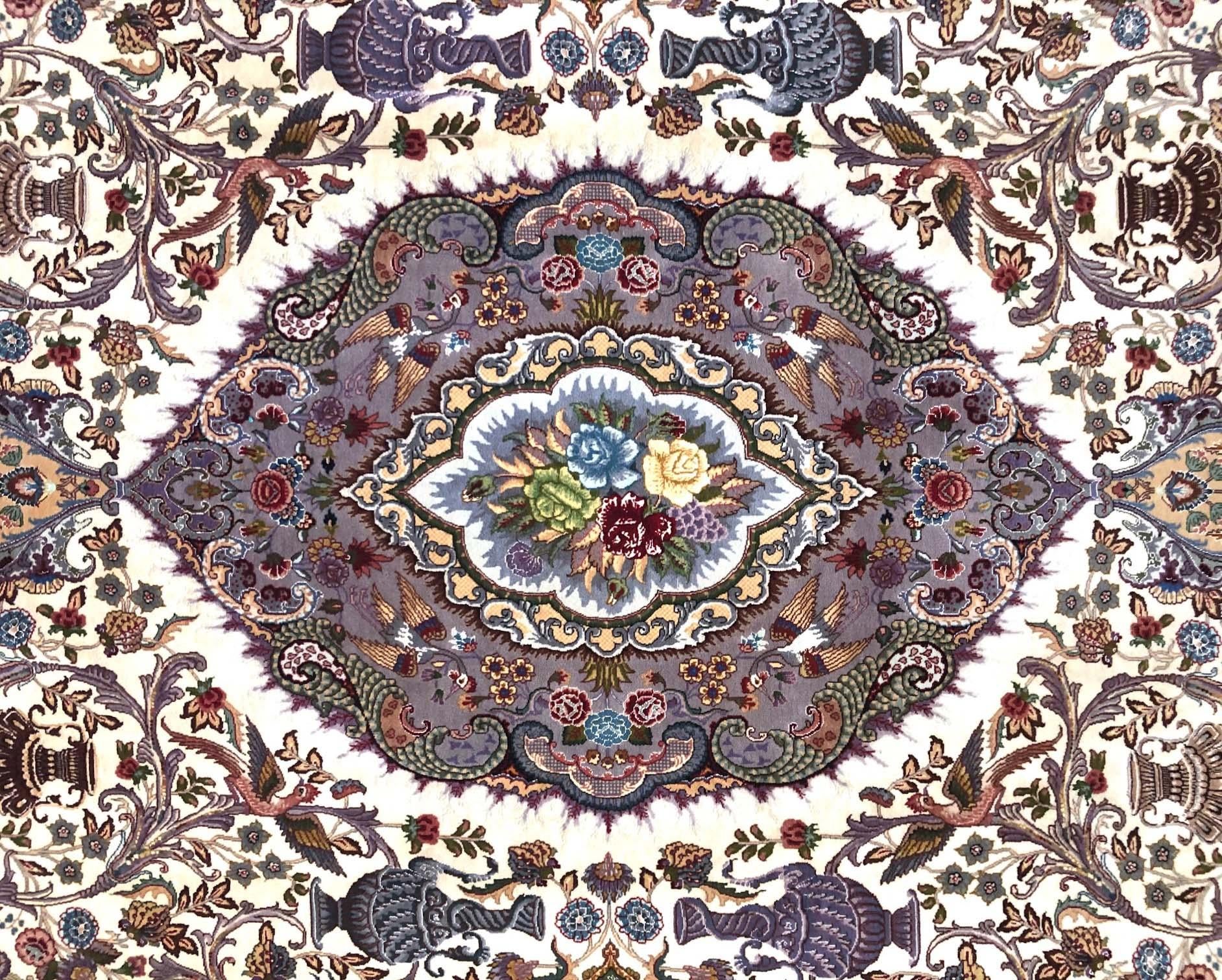 Contemporary Persian Hand Knotted Medallion Floral Animal Print Tabriz Zirkhaki Design Rug