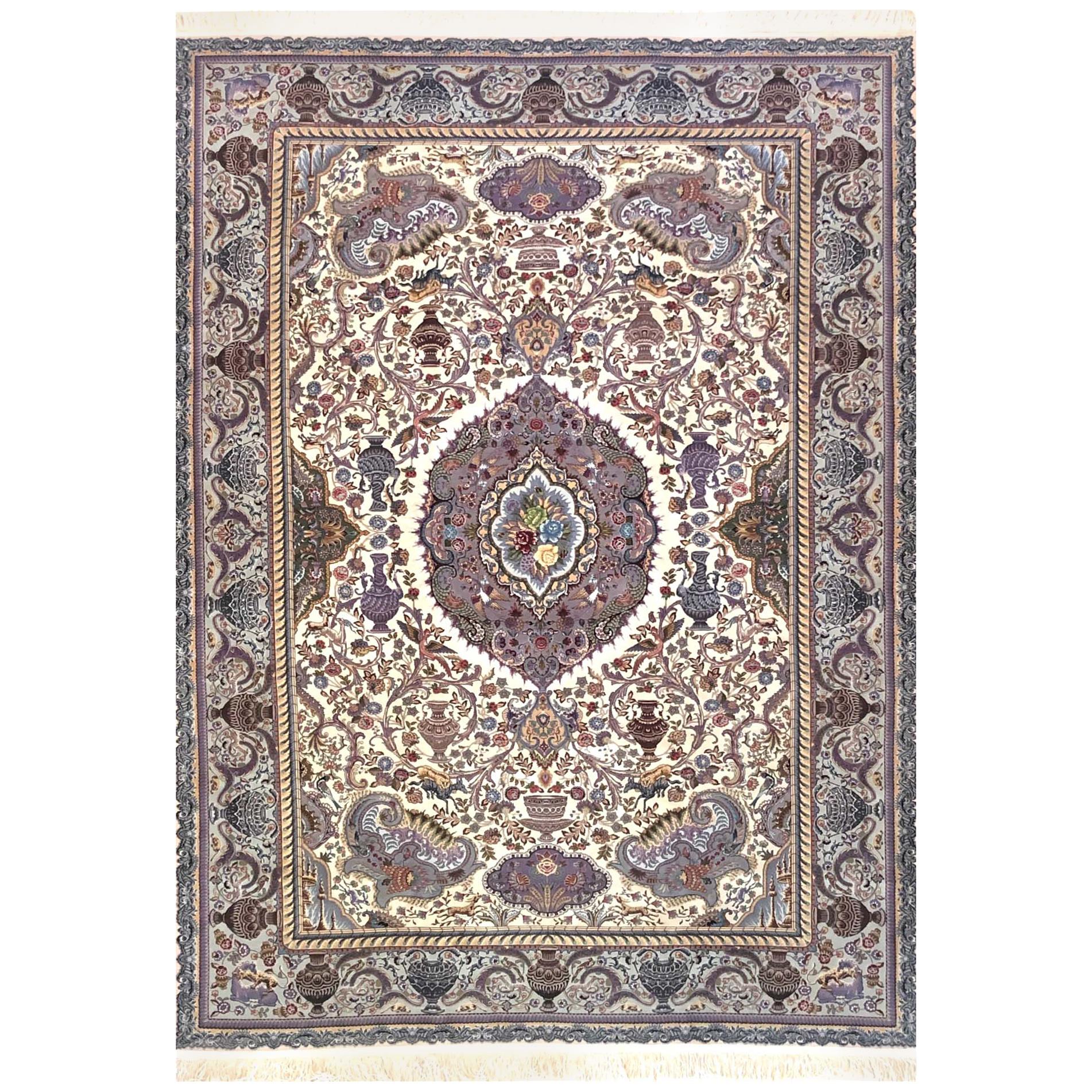 Persian Hand Knotted Medallion Floral Animal Print Tabriz Zirkhaki Design Rug