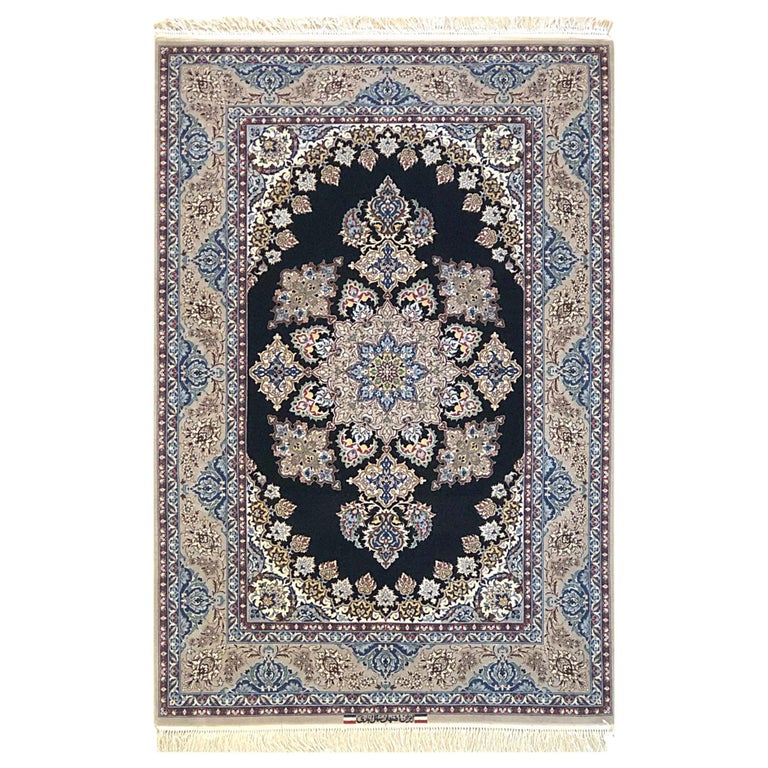 Black Isfahan Rug Persian Hand Knotted Medallion Floral Black Silk Isfahan Rug New at 1stDibs