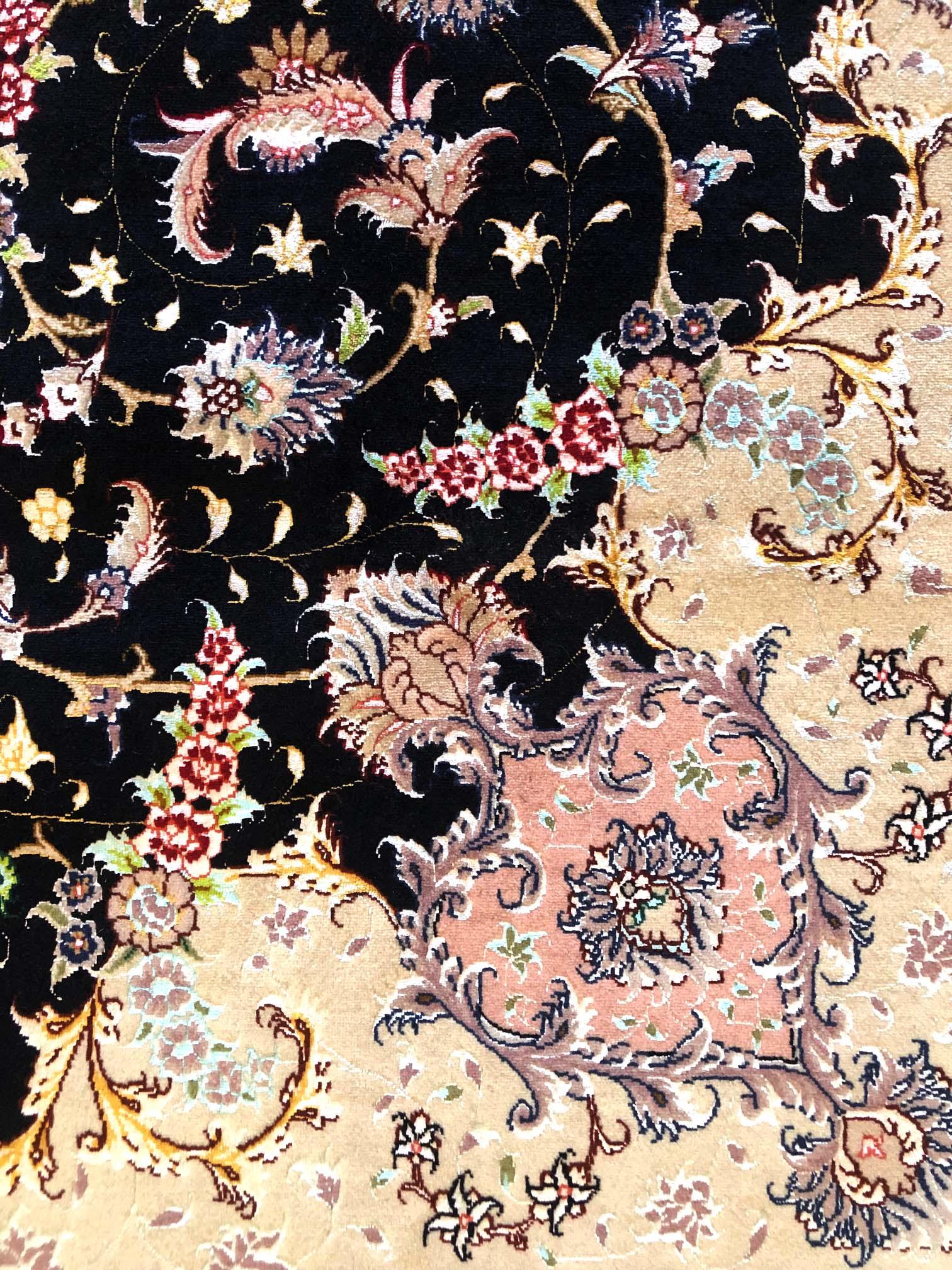 Persian Hand Knotted Medallion Floral Black Tabriz Rug For Sale 6