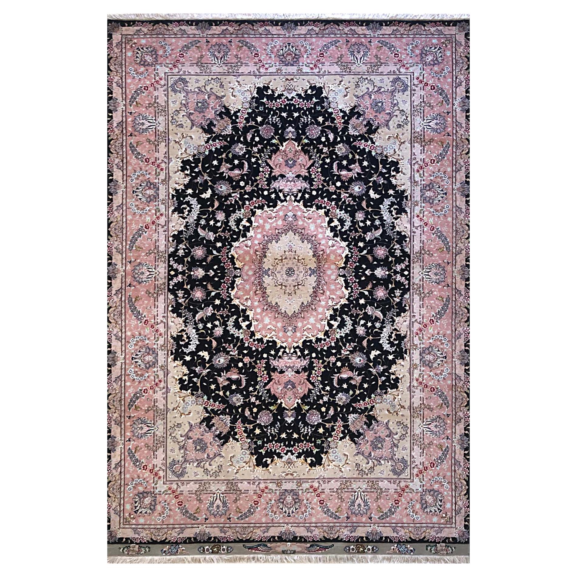 Persian Hand Knotted Medallion Floral Black Tabriz Rug