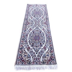 Persian Hand Knotted Medallion Floral Blue Cream Nain Runner Rug