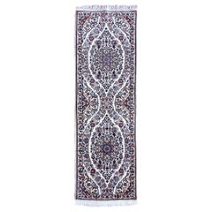 Persian Hand Knotted Medallion Floral Blue Cream Nain Runner Rug