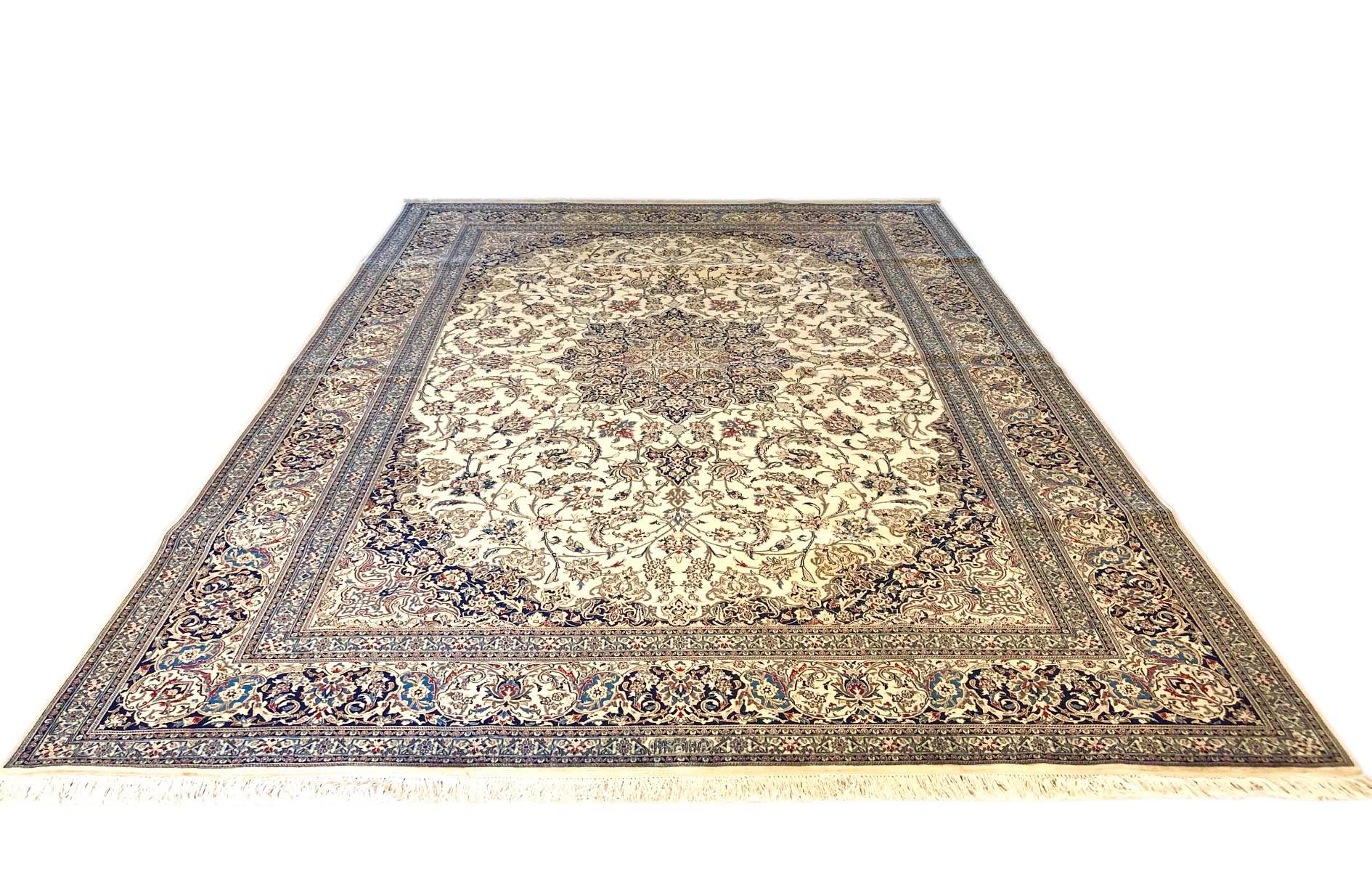 Persian Hand Knotted Medallion Floral Cream Blue Habibian Nain Rug 4La For Sale 5
