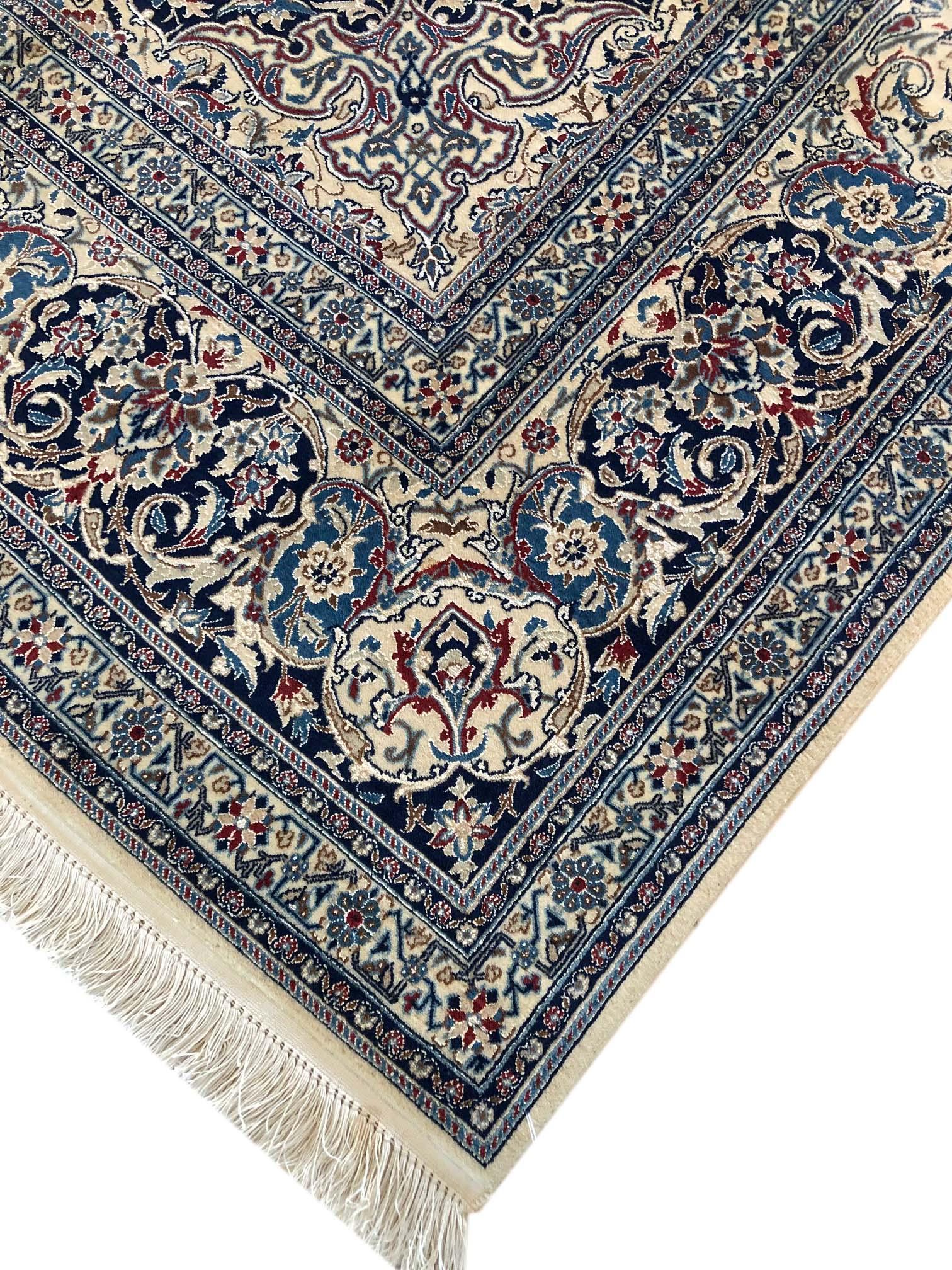 Persian Hand Knotted Medallion Floral Cream Blue Habibian Nain Rug 4La For Sale 6