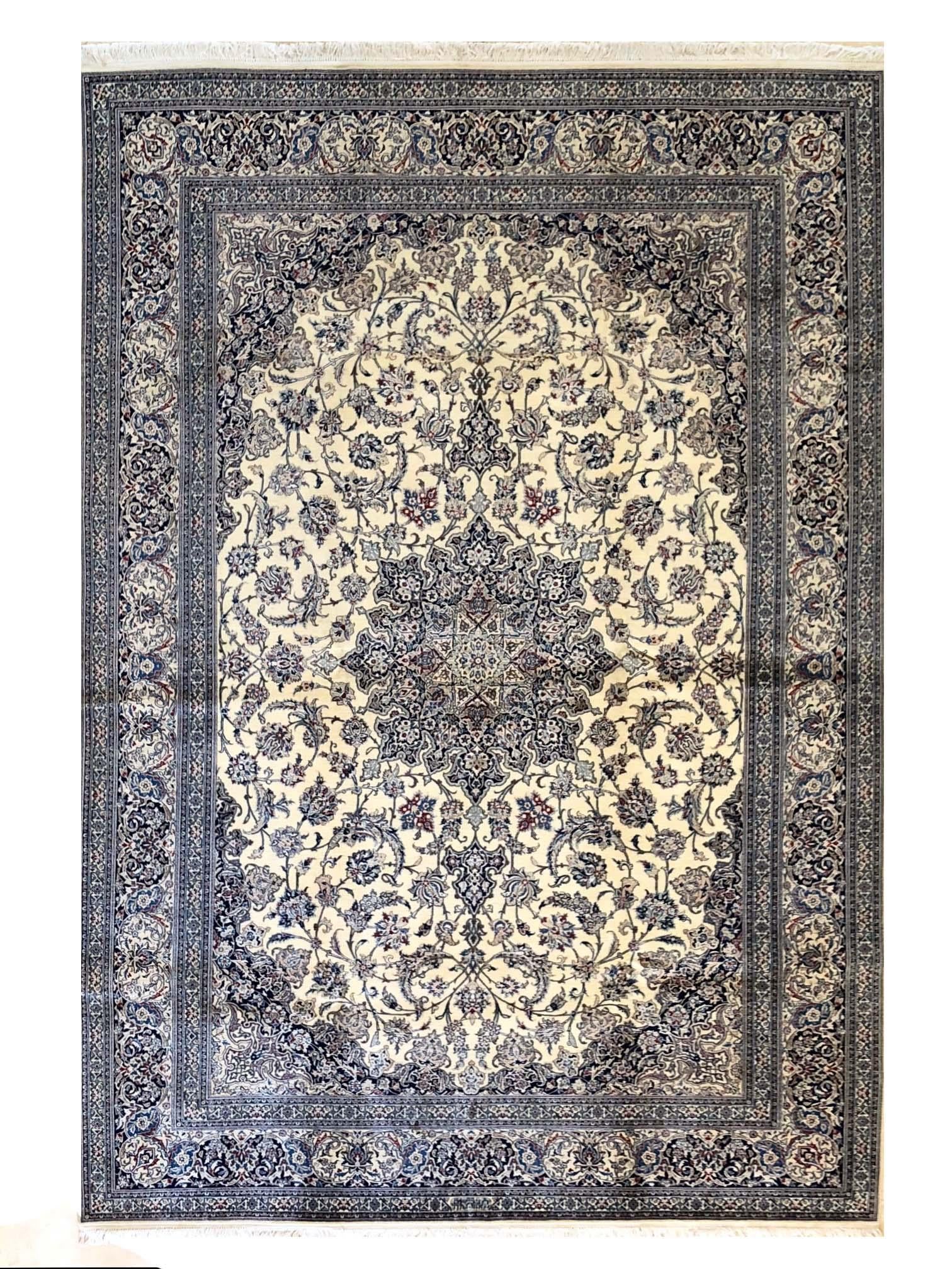 Persian Hand Knotted Medallion Floral Cream Blue Habibian Nain Rug 4La For Sale 8