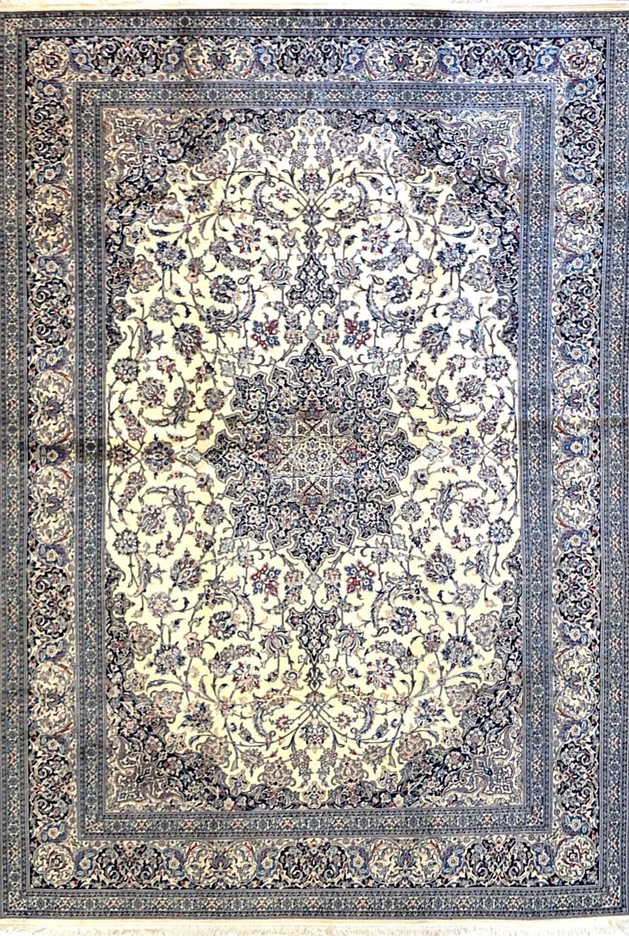 This handmade rug is an extremely fine and precise piece with high quality, made in the workshops in Nain city in Iran. This piece has wool and silk pile with cotton foundation. Nain is a city in Iran that is well known for producing fine handmade