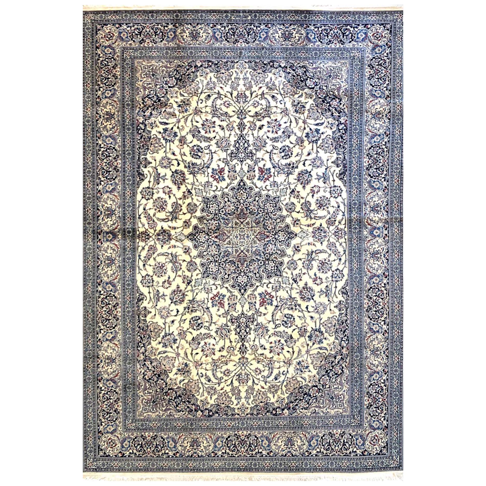 Persian Hand Knotted Medallion Floral Cream Blue Habibian Nain Rug 4La For Sale