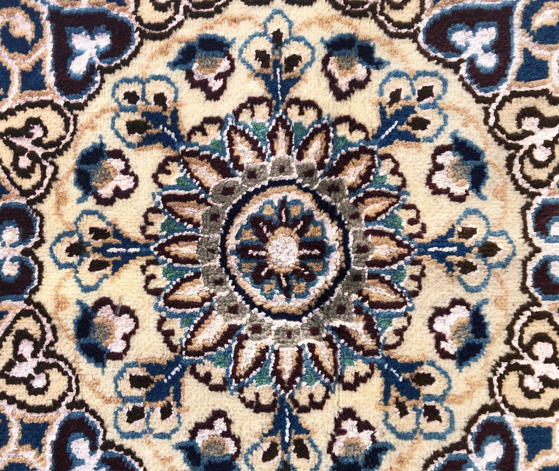 Persian Hand Knotted Medallion Floral Cream Blue Nain Oval Rug 9