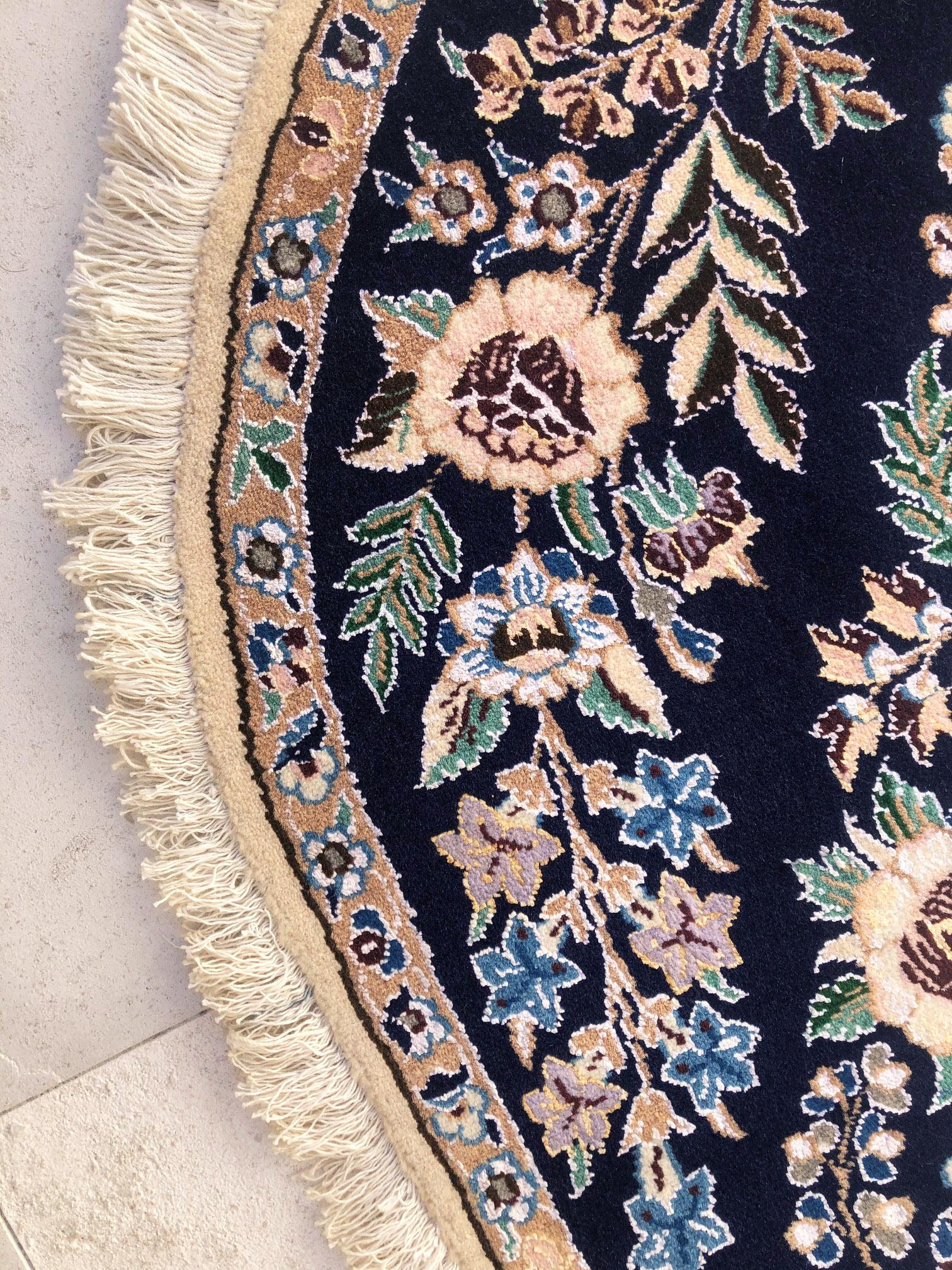 Persian Hand Knotted Medallion Floral Cream Blue Nain Oval Rug 3