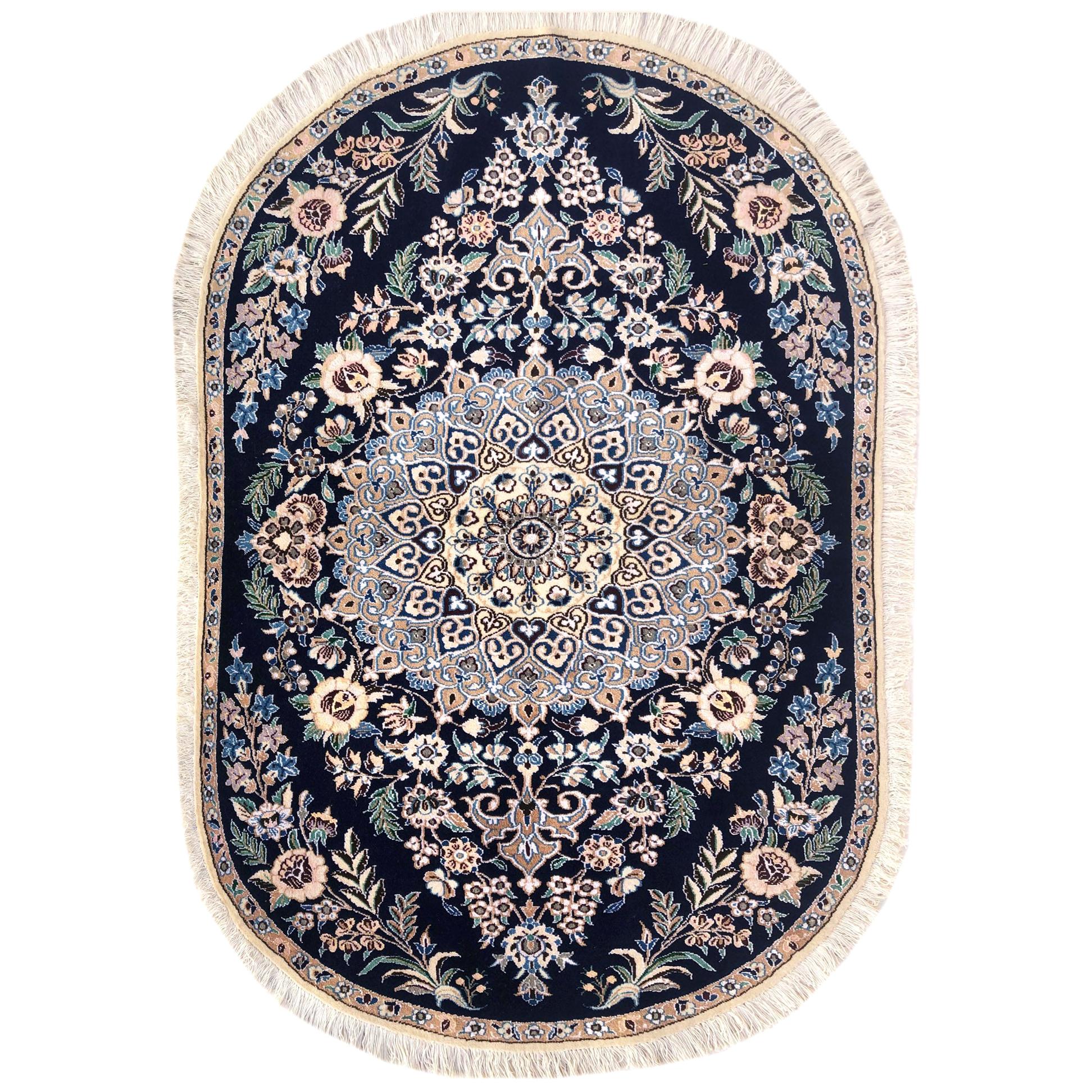Persian Hand Knotted Medallion Floral Cream Blue Nain Oval Rug