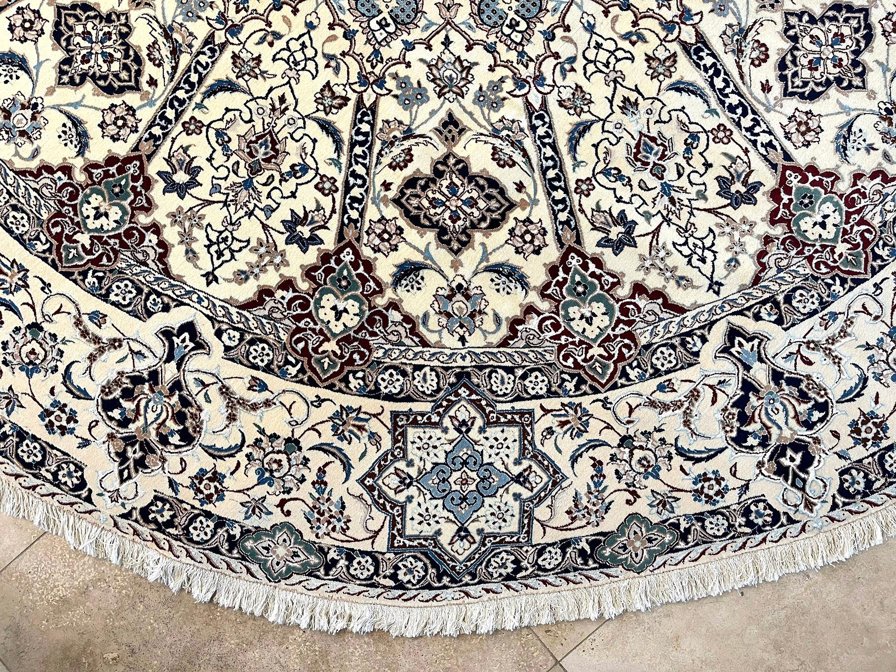 Persian Hand Knotted Medallion Floral Cream Blue Nain Round Rug For Sale 4