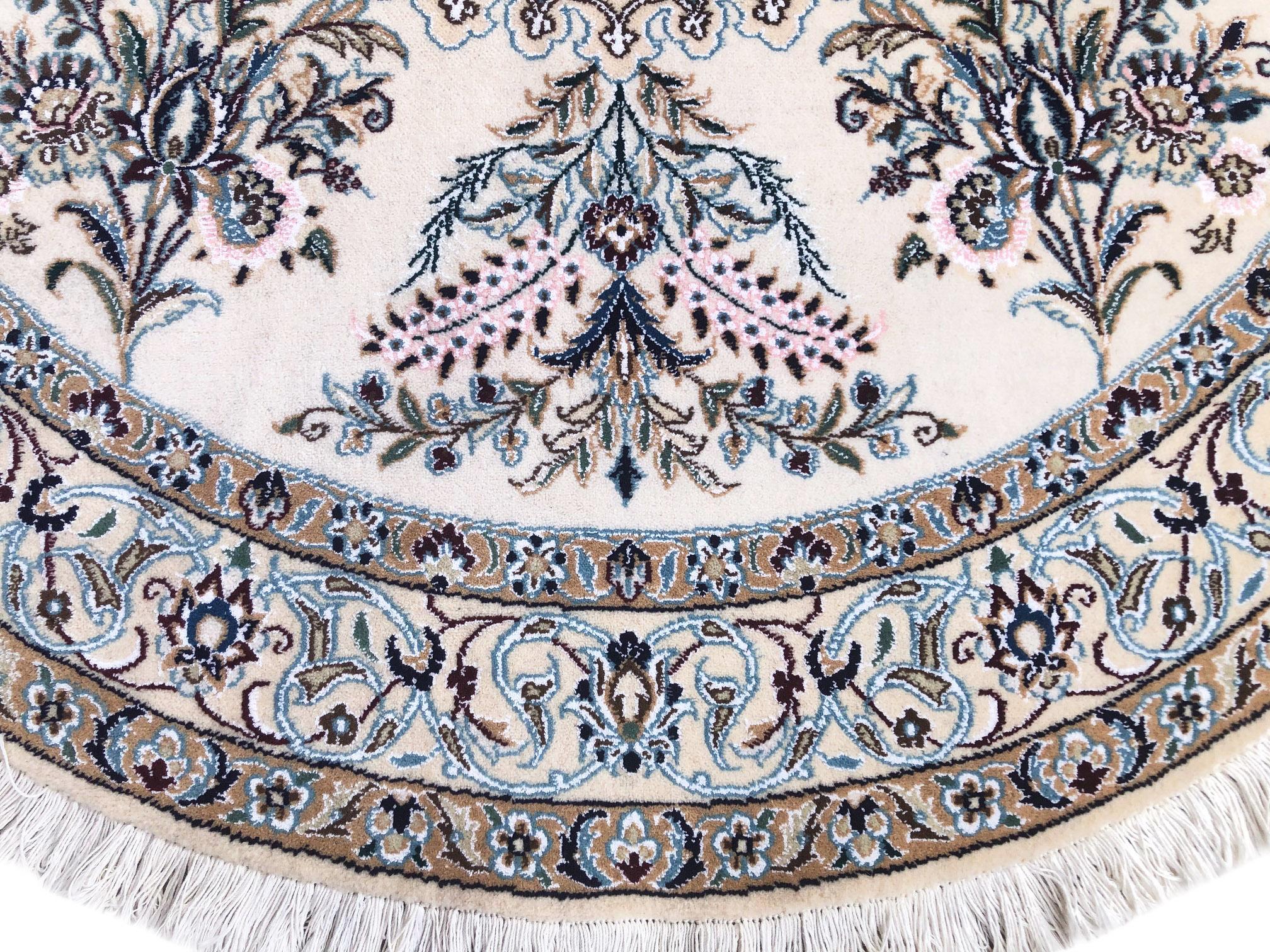 Persian Hand Knotted Medallion Floral Cream Blue Nain Round Rug 2