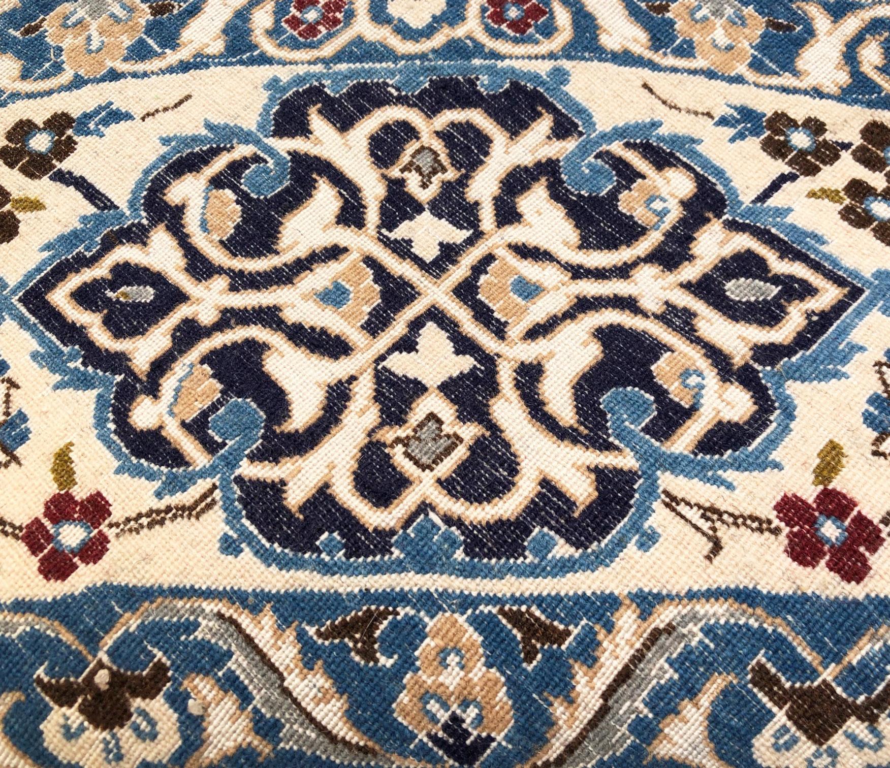 Persian Hand Knotted Medallion Floral Cream Blue Nain Round Rug 6