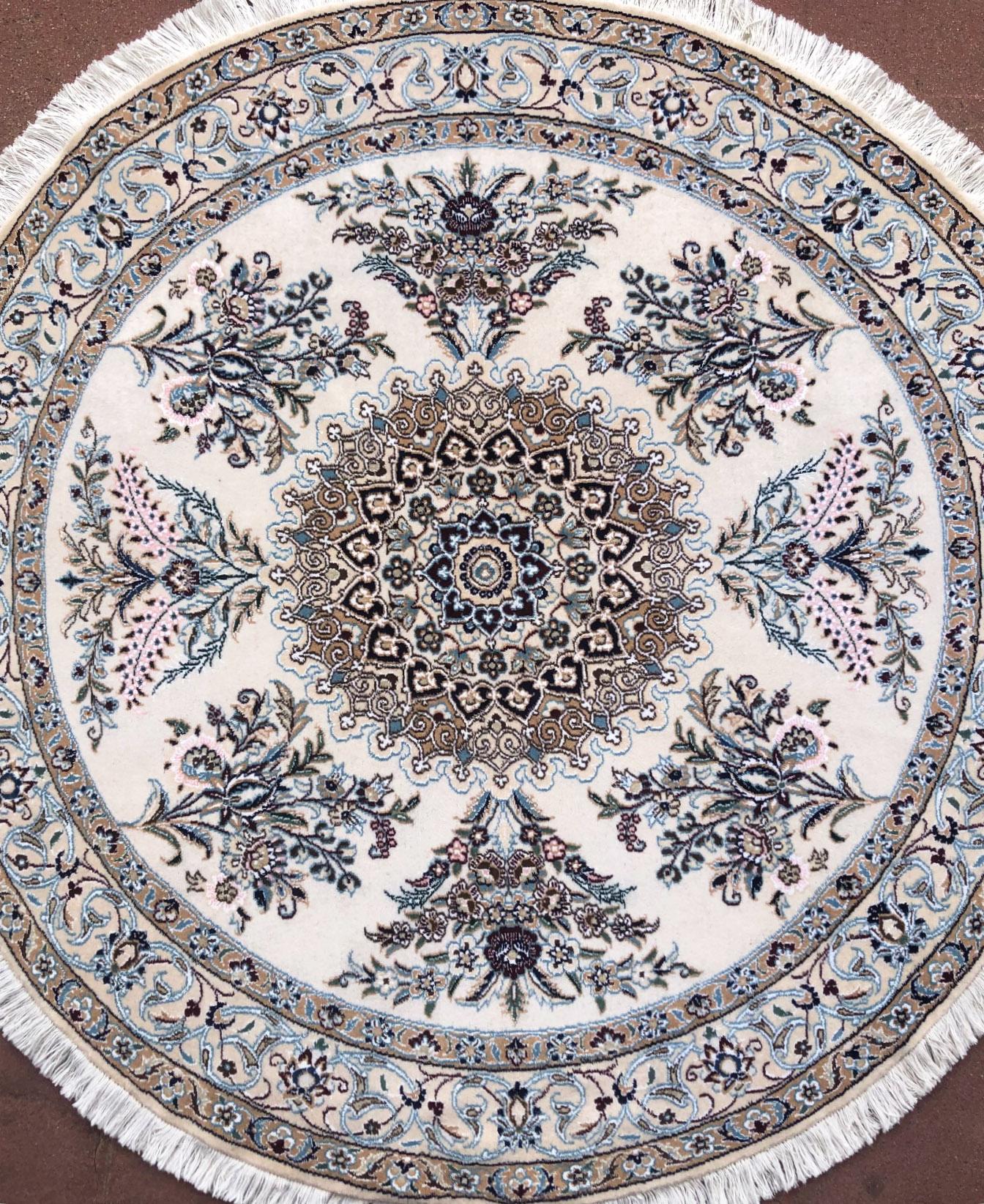 Persian Hand Knotted Medallion Floral Cream Blue Nain Round Rug 5