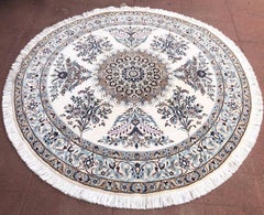 Persian Hand Knotted Medallion Floral Cream Blue Nain Round Rug