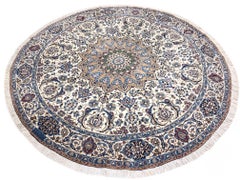 Persian Hand Knotted Medallion Floral Cream Blue Nain Round Rug