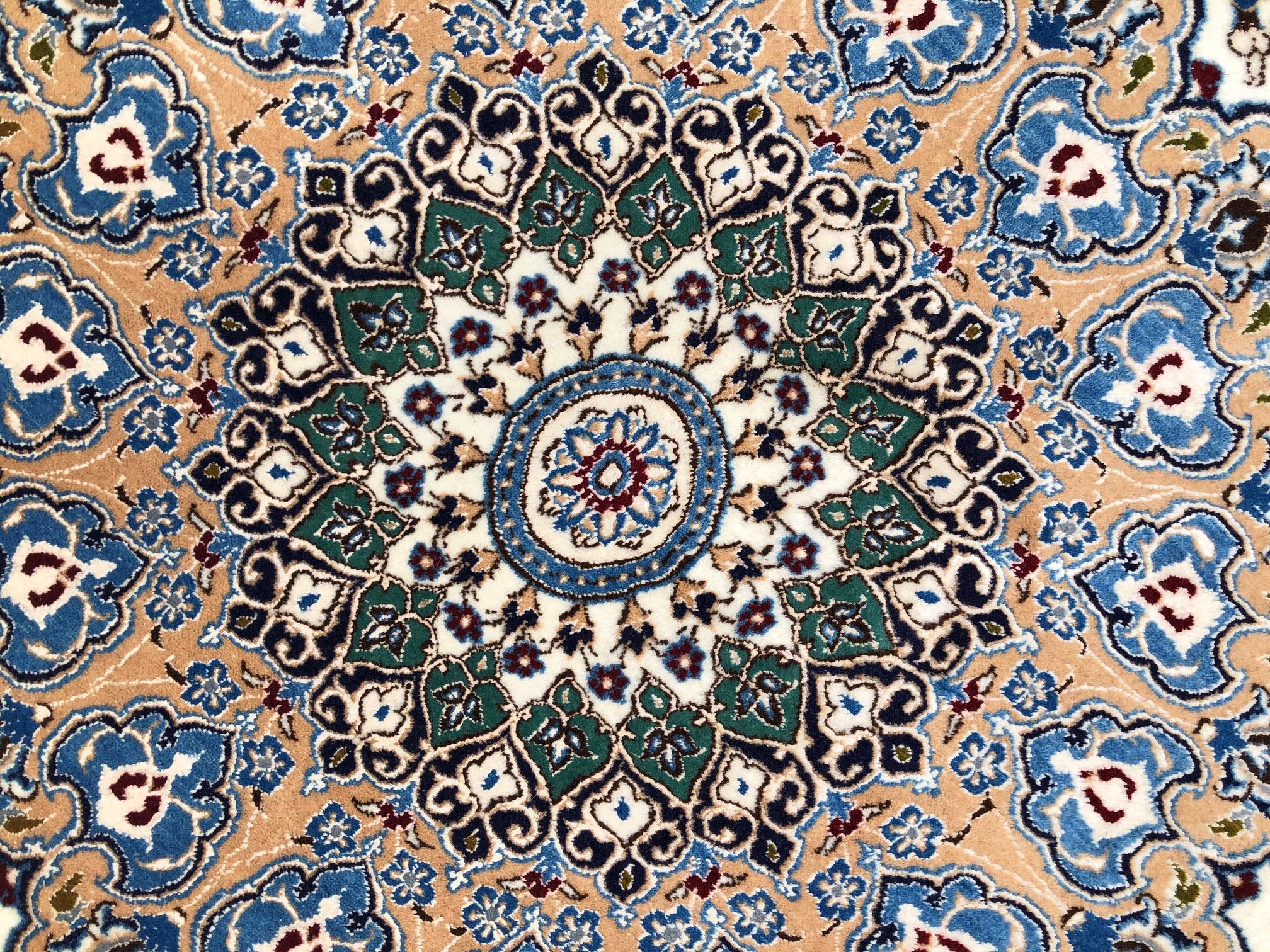 Hand-Knotted Persian Hand Knotted Medallion Floral Cream Blue Nain Round Rug