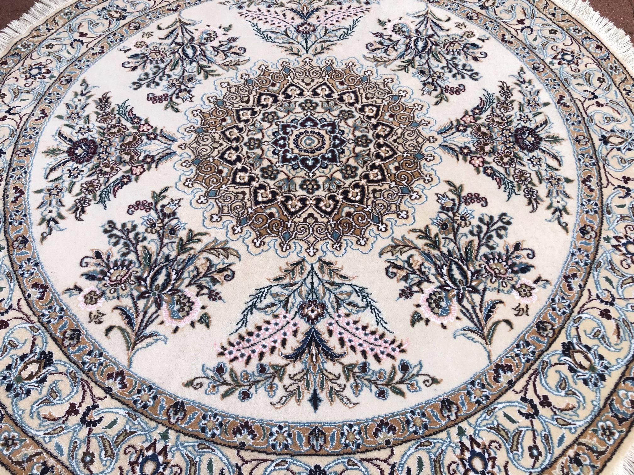 Hand-Knotted Persian Hand Knotted Medallion Floral Cream Blue Nain Round Rug