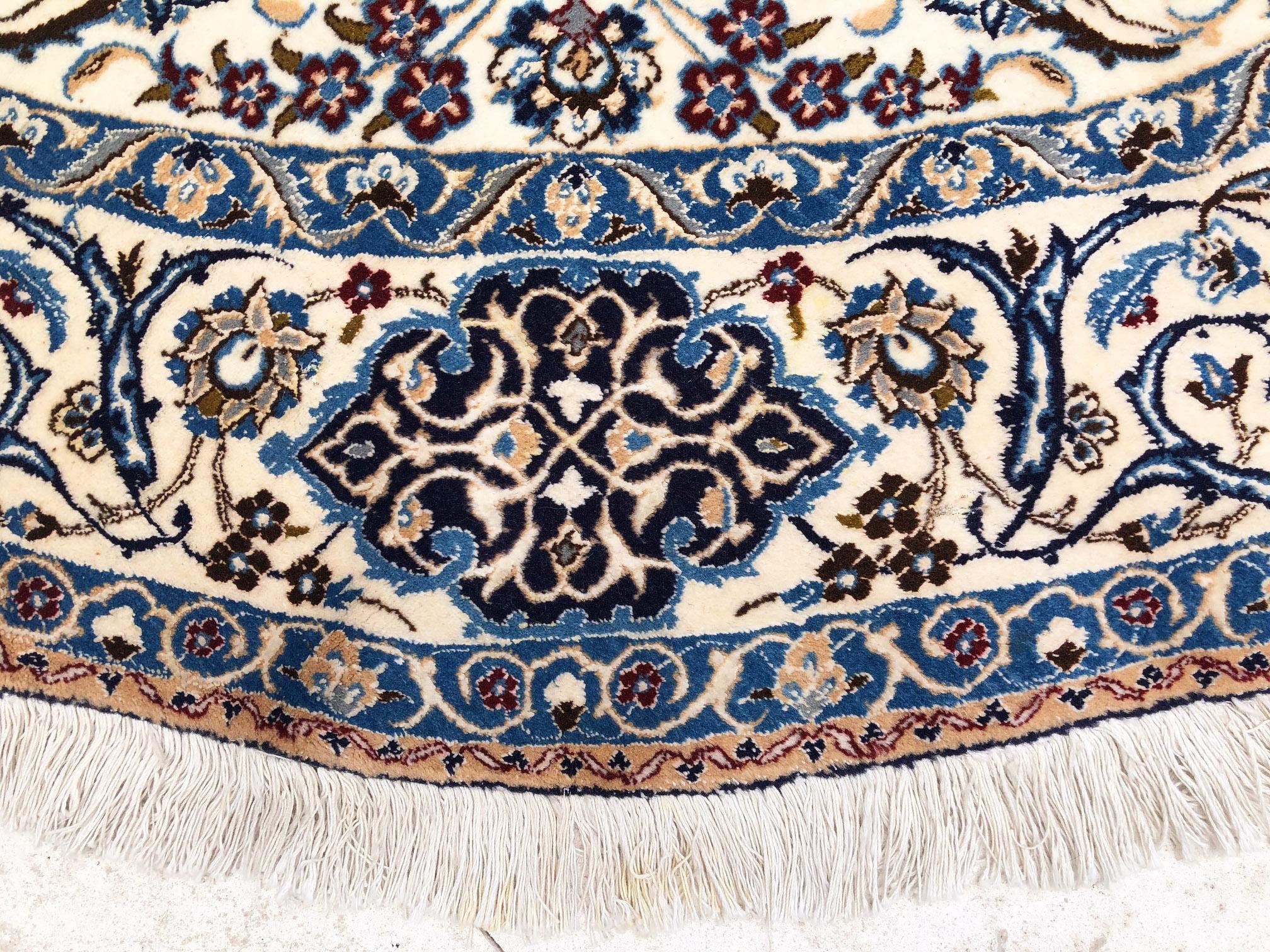 Persian Hand Knotted Medallion Floral Cream Blue Nain Round Rug 1