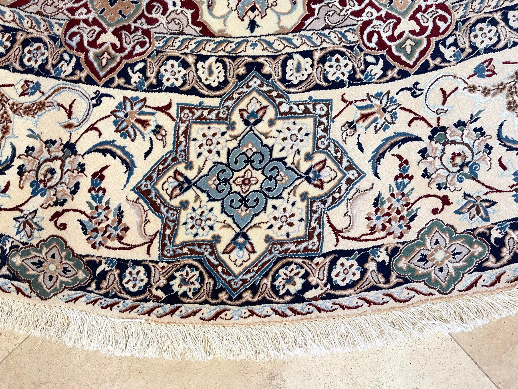 Persian Hand Knotted Medallion Floral Cream Blue Nain Round Rug For Sale 1