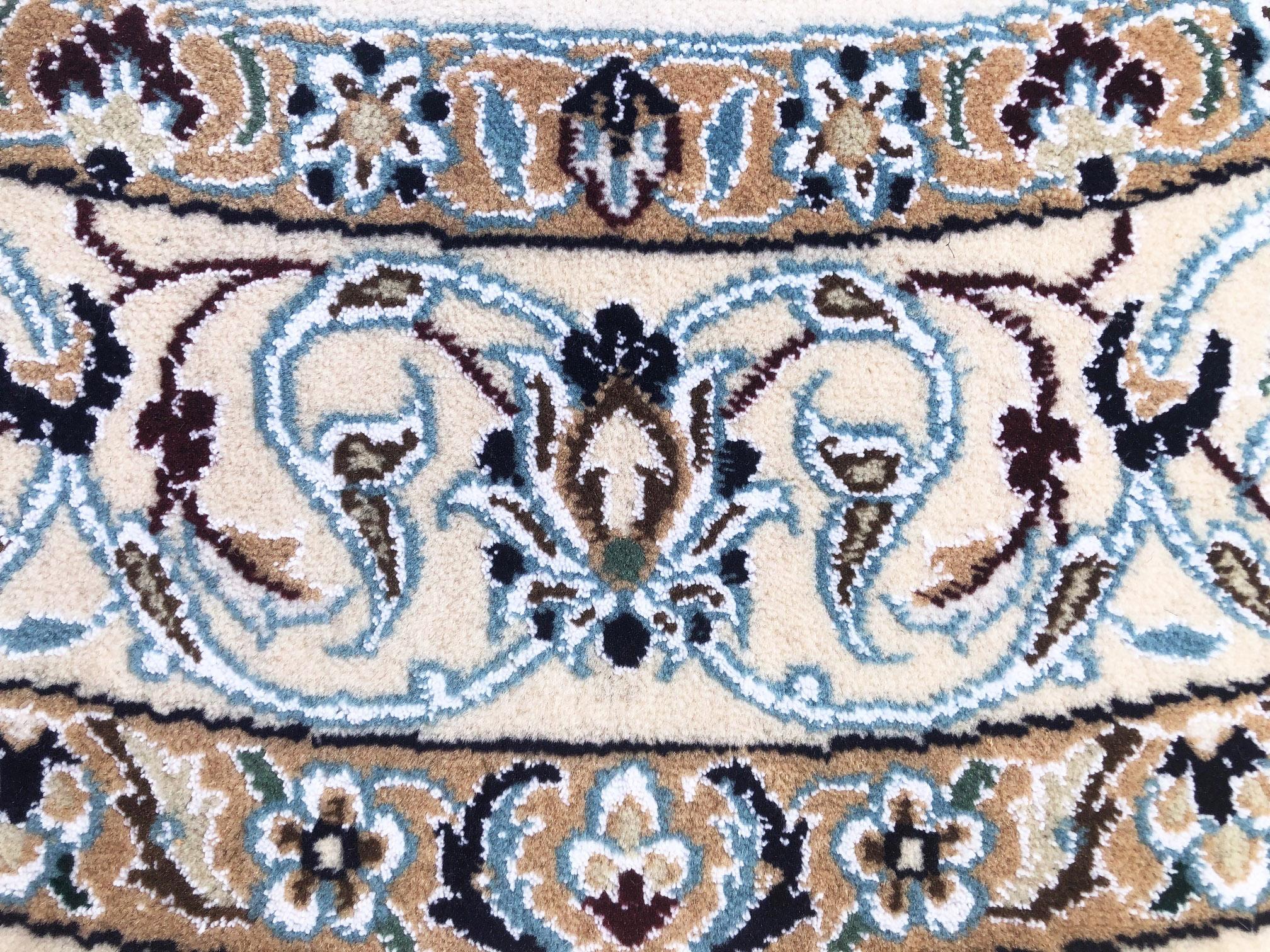 Wool Persian Hand Knotted Medallion Floral Cream Blue Nain Round Rug