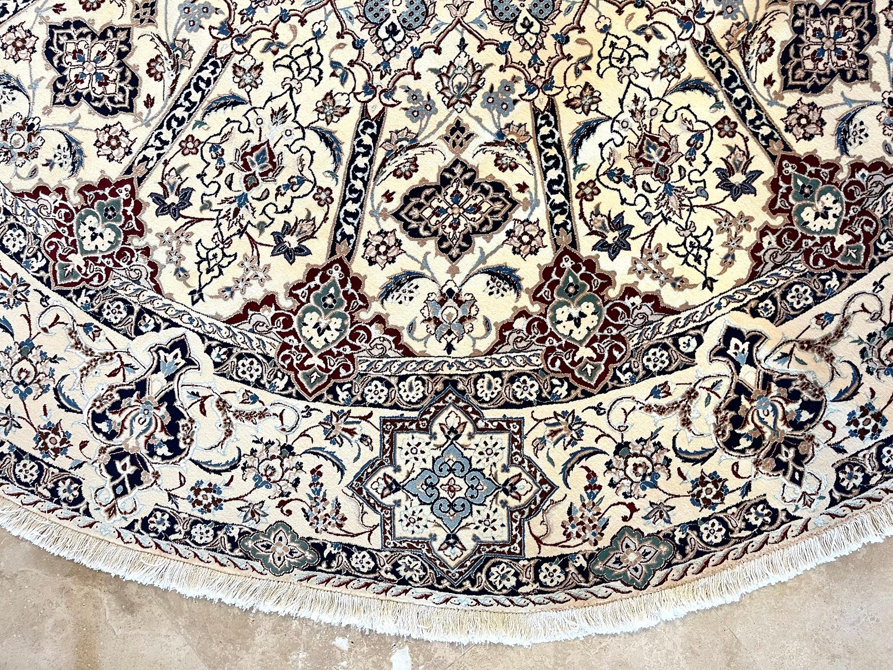 Persian Hand Knotted Medallion Floral Cream Blue Nain Round Rug For Sale 3