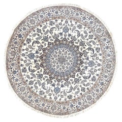 Persian Hand Knotted Medallion Floral Cream Blue Nain Round Rug