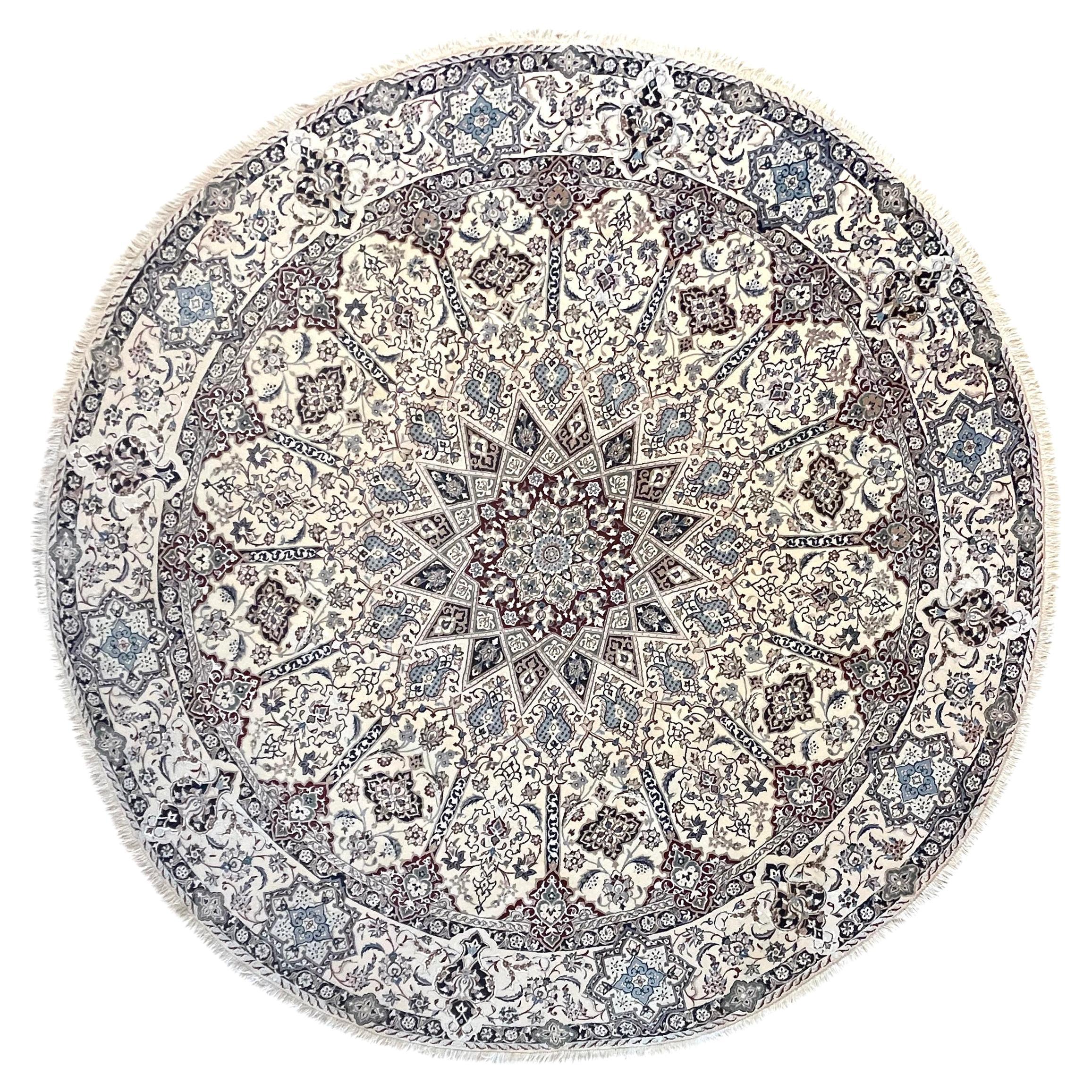 Persian Hand Knotted Medallion Floral Cream Blue Nain Round Rug For Sale
