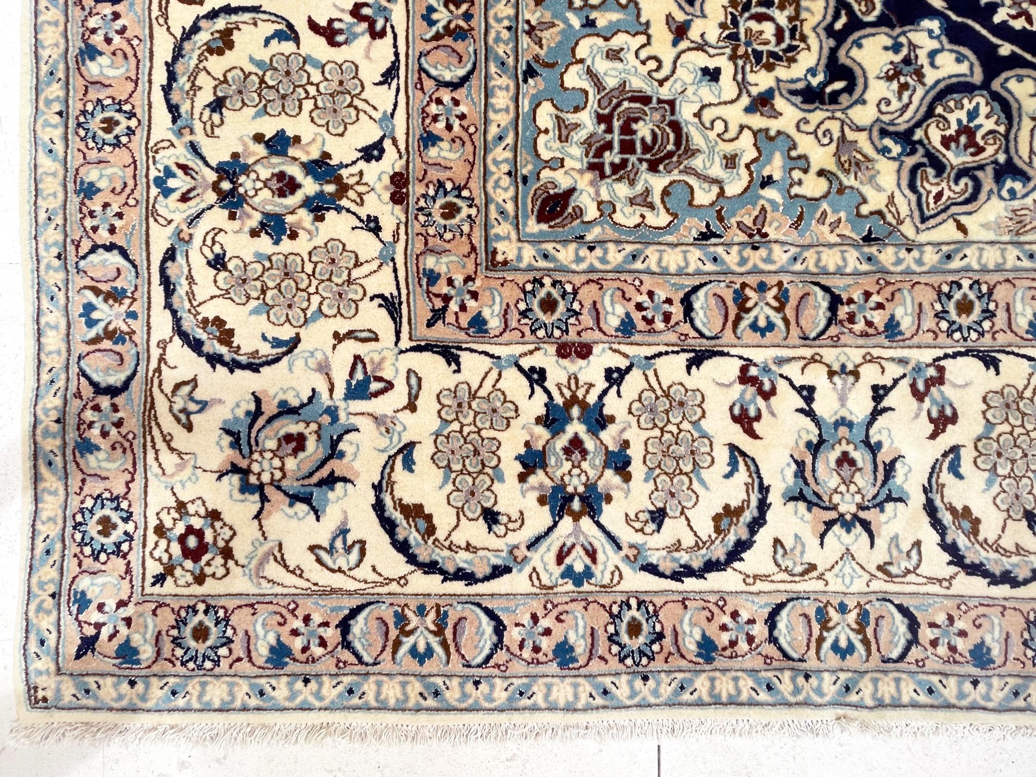 Persian Hand Knotted Medallion Floral Cream Blue Nain Rug, 1970 circa For Sale 4