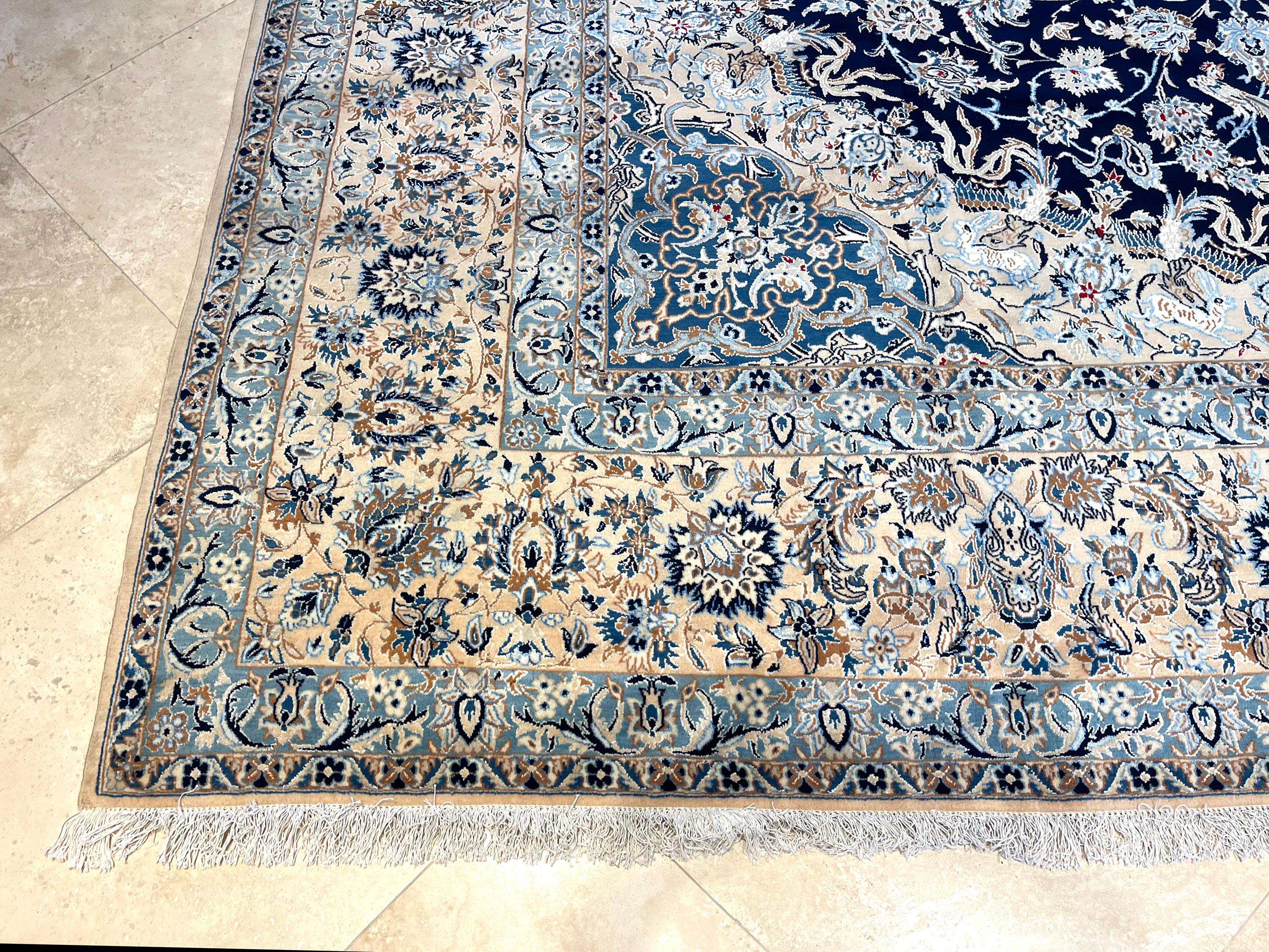 Persian Hand Knotted Medallion Floral Cream Blue Nain Rug 1970 Circa For Sale 4