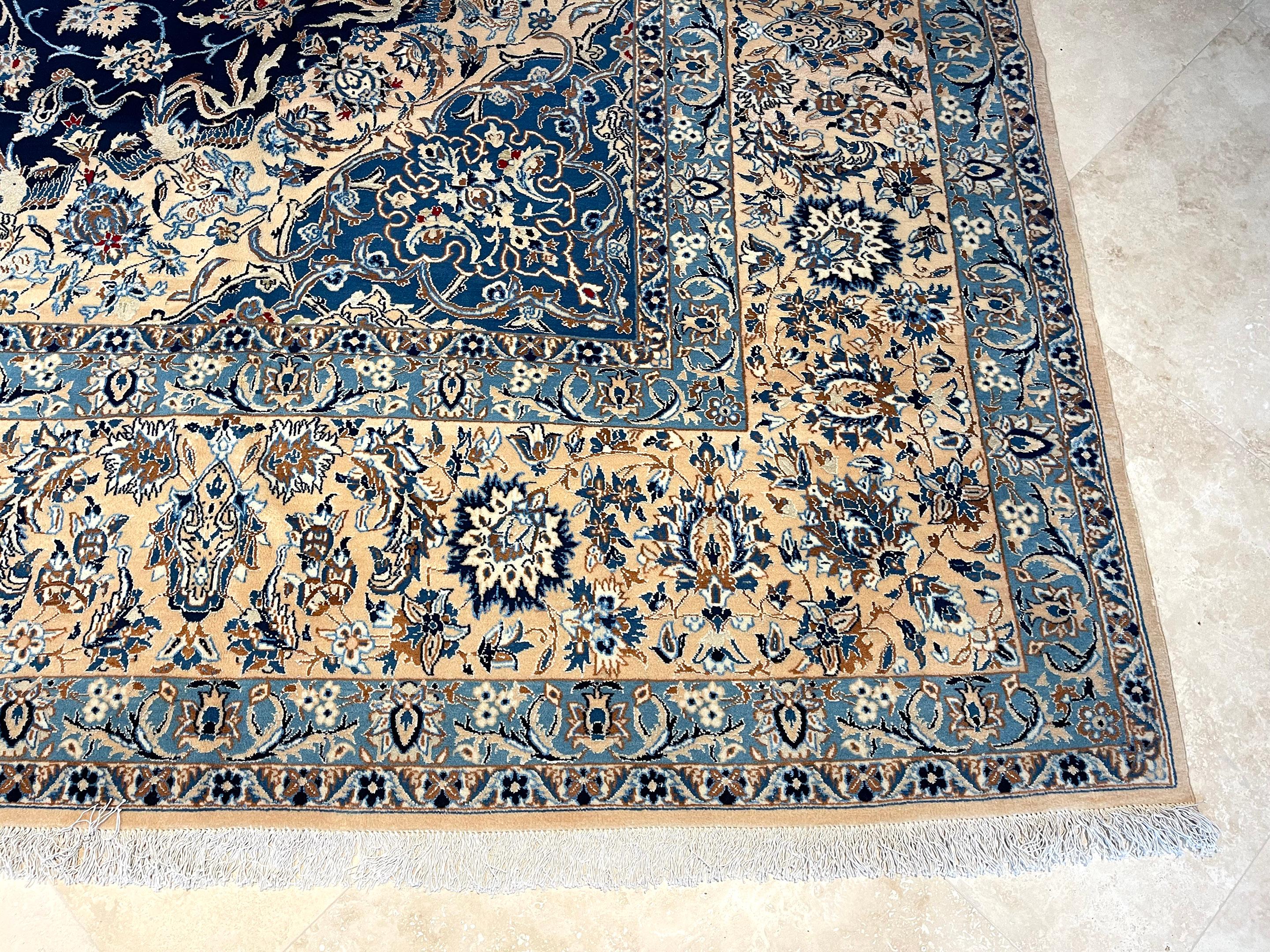 Persian Hand Knotted Medallion Floral Cream Blue Nain Rug 1970 Circa For Sale 5